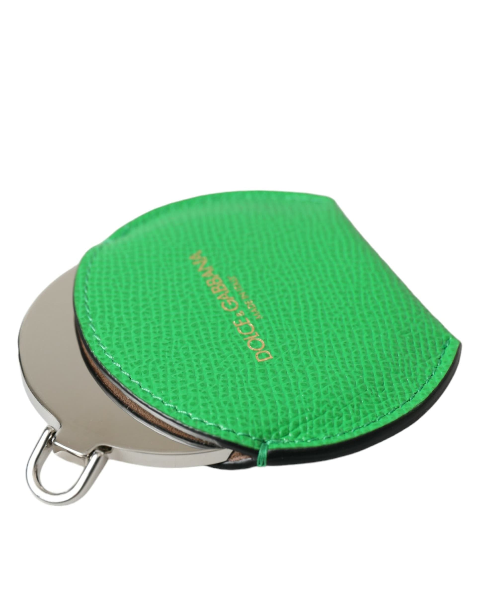 Green Calfskin Leather Round Logo Hand Mirror Holder - 4
