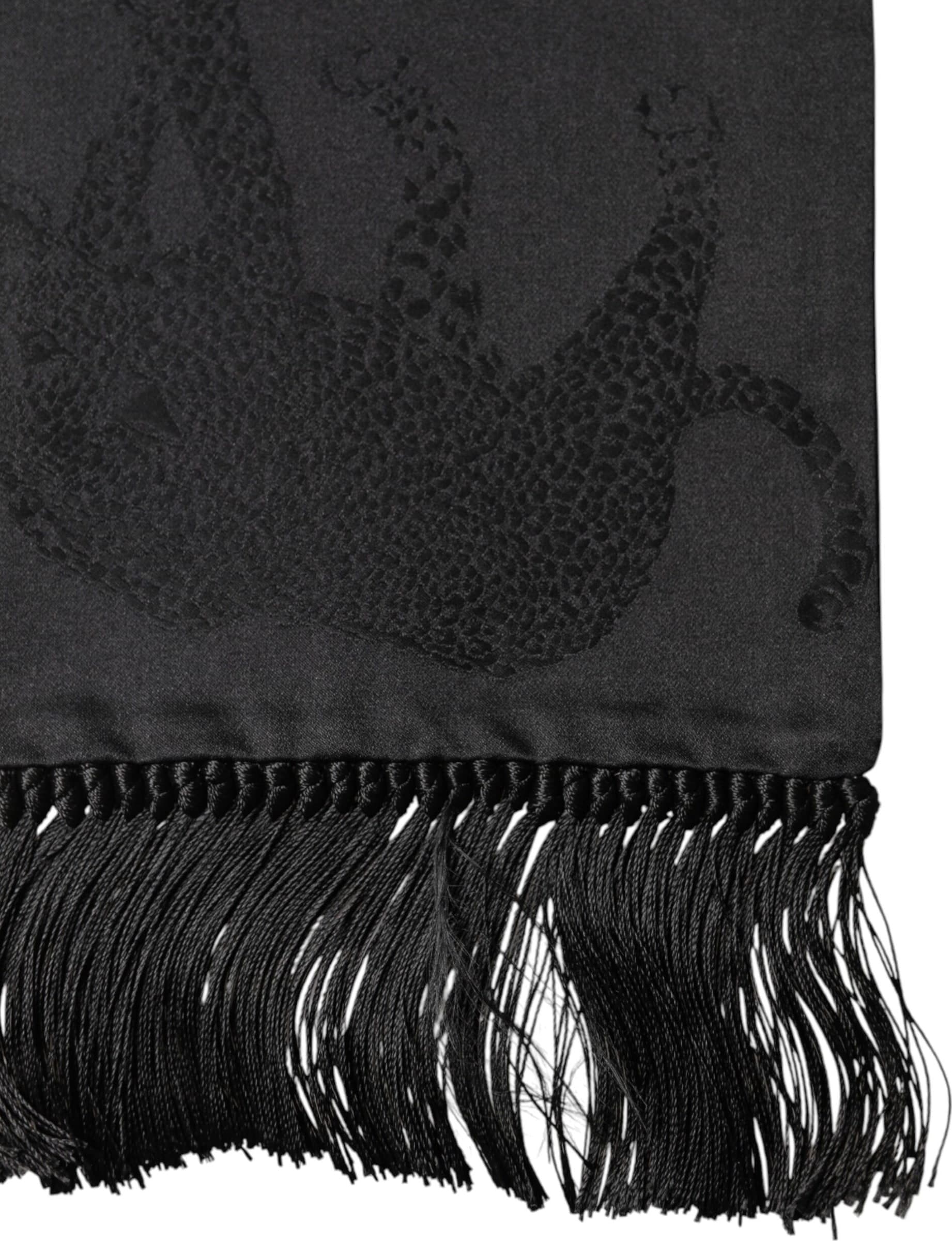 Black Satin Silk Fringes Neck Foulard Scarf - 3