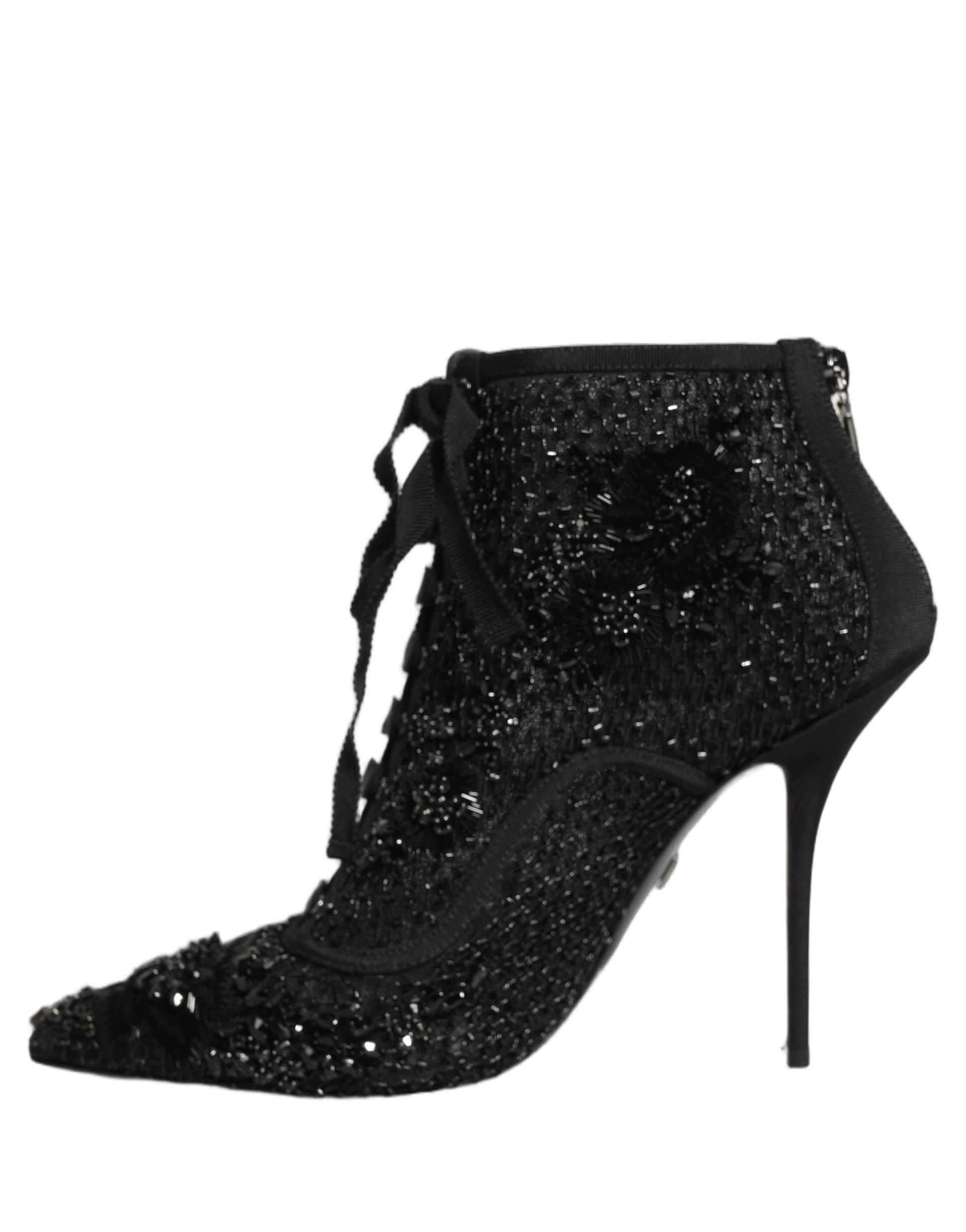 Black Embellished Mesh Ankle Boots Shoes - 2
