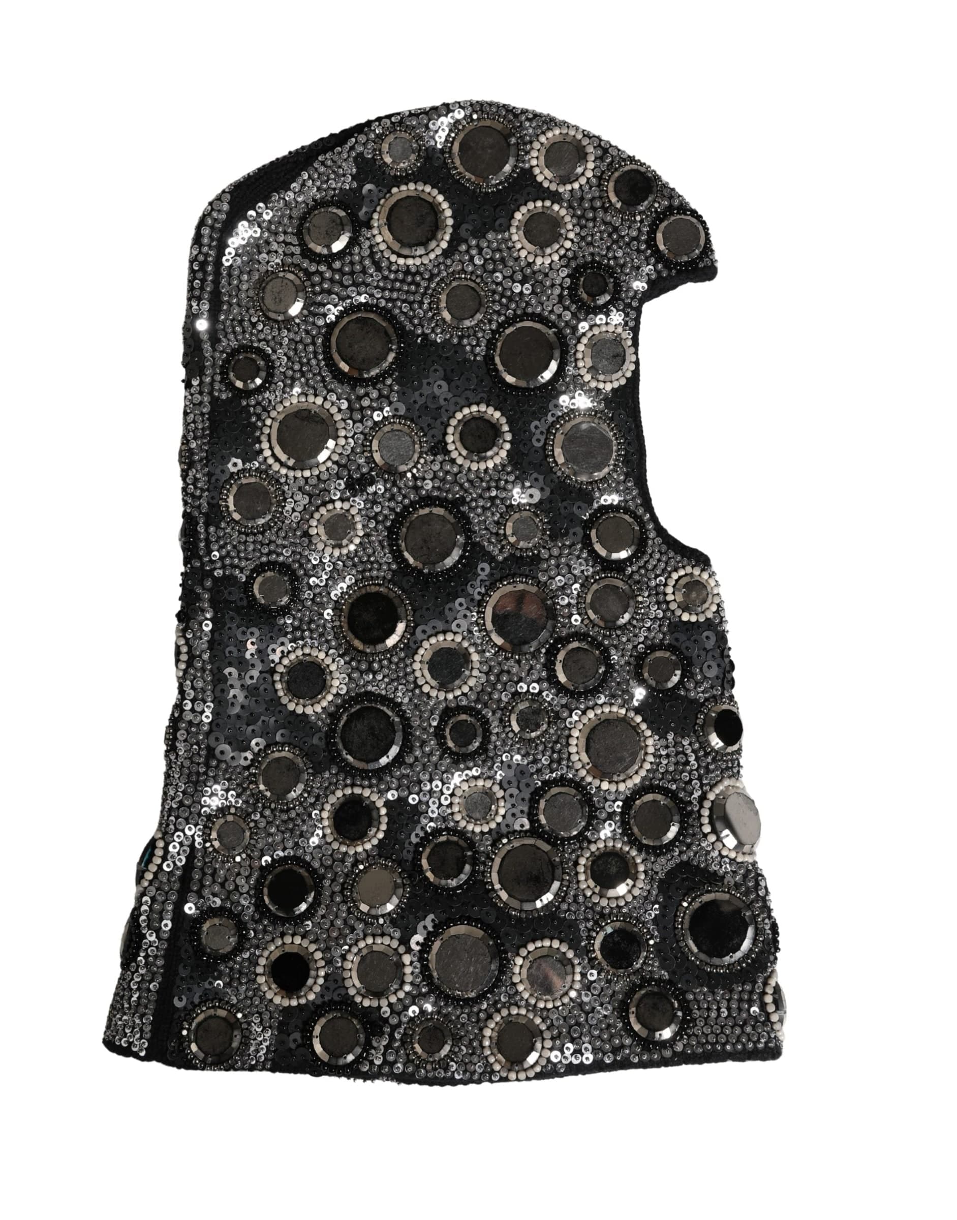 Black Wool Crystal Embellished Balaclava Hat - 2