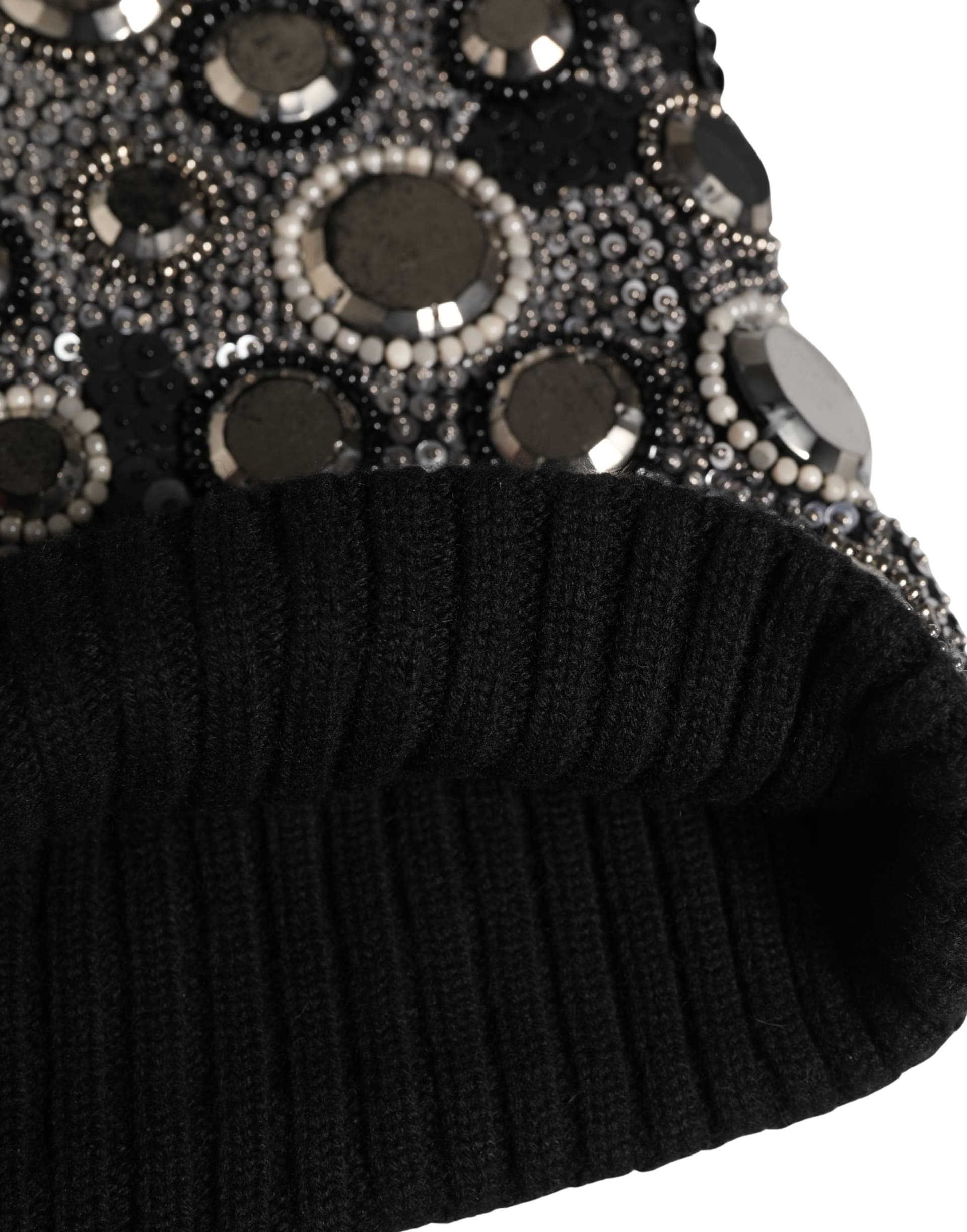 Black Wool Crystal Embellished Balaclava Hat - 3