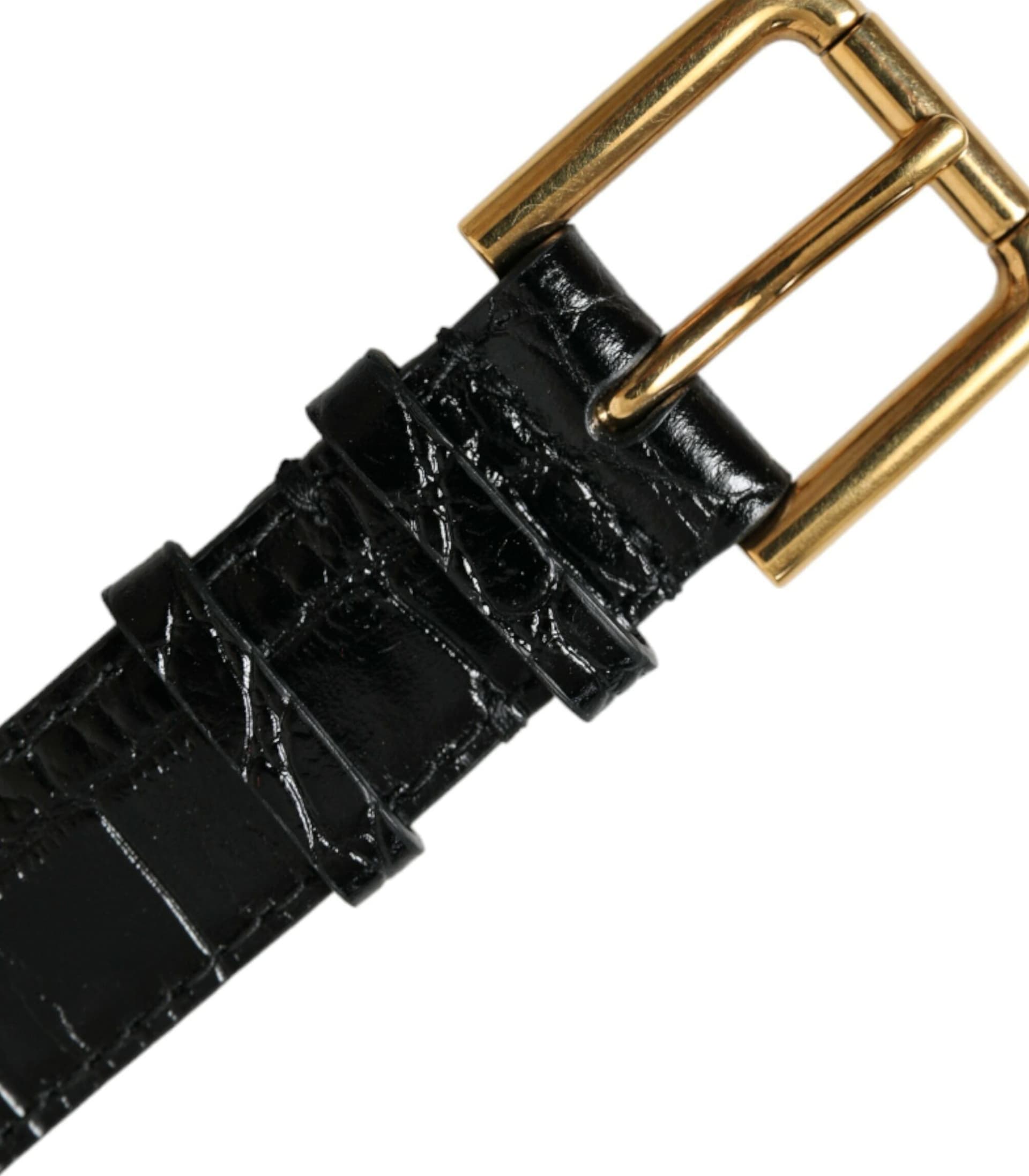 Black Textured Leather Gold Tone Metal Buckle Armband