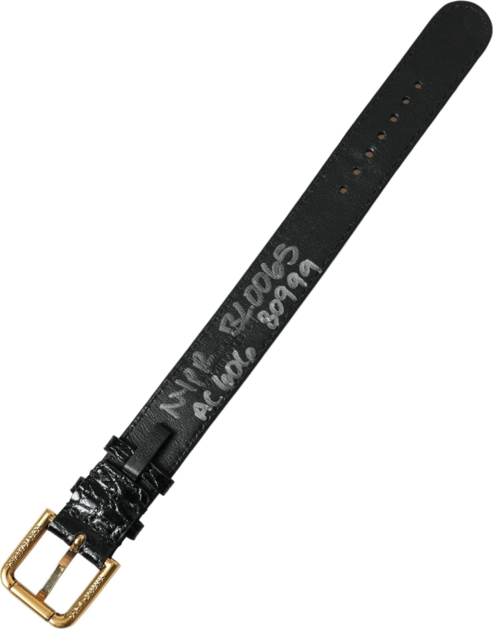 Black Textured Leather Gold Tone Metal Buckle Armband - 2