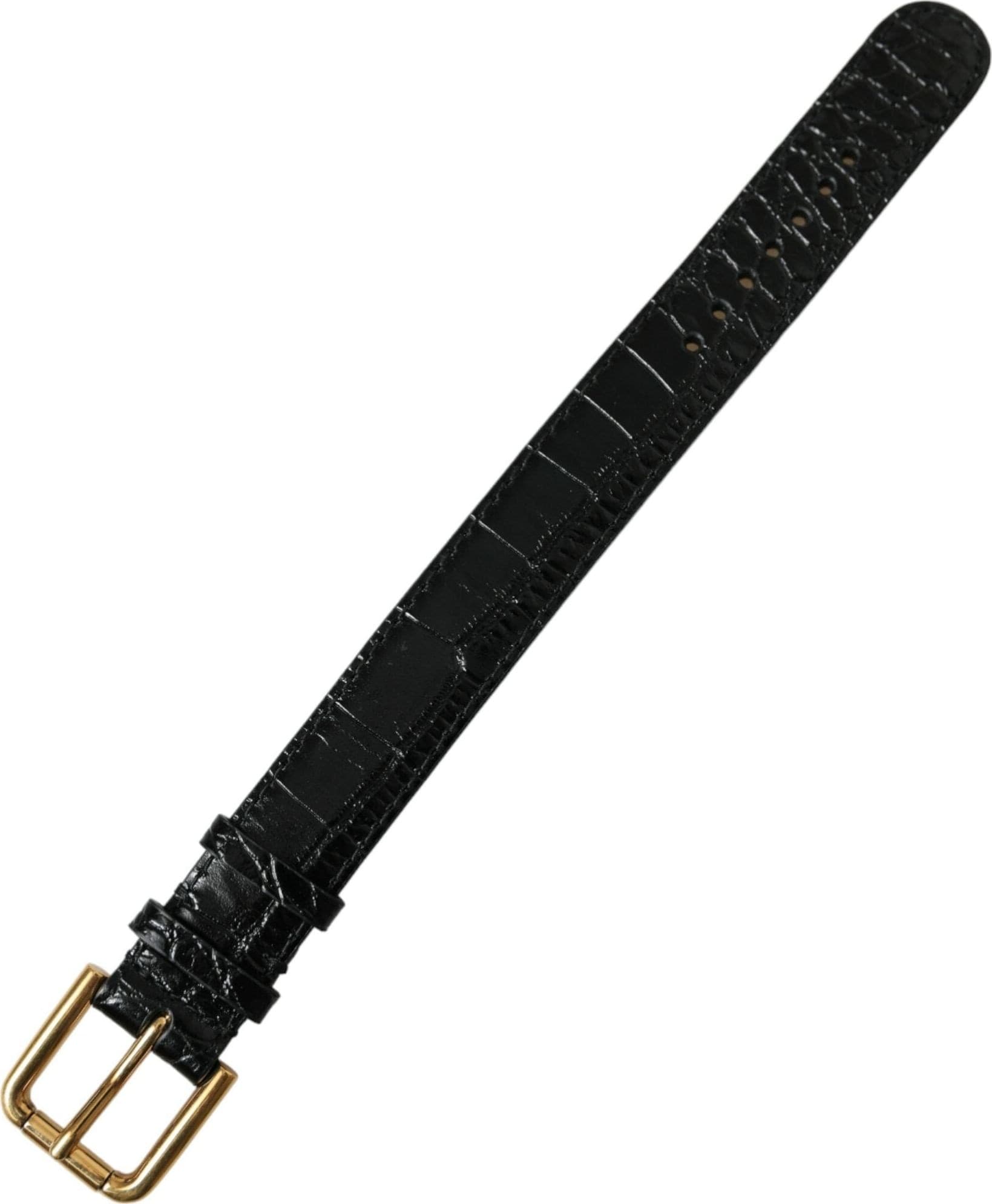 Black Textured Leather Gold Tone Metal Buckle Armband - 4
