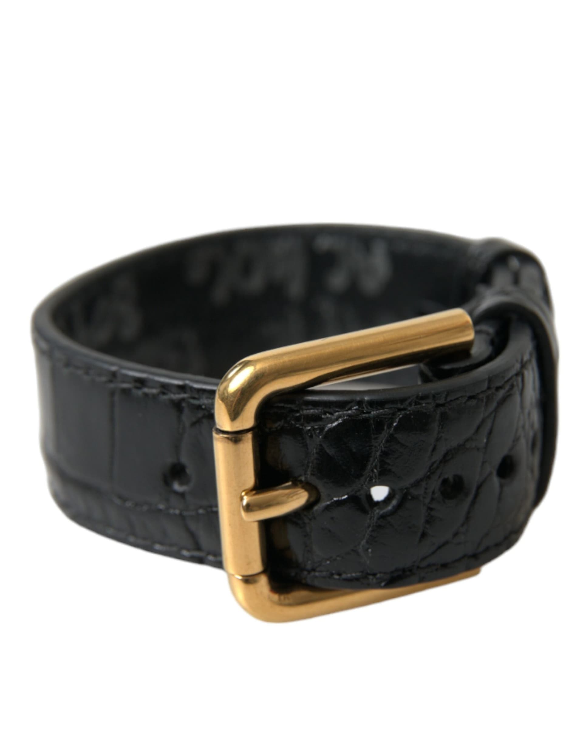 Black Textured Leather Gold Tone Metal Buckle Armband - 6