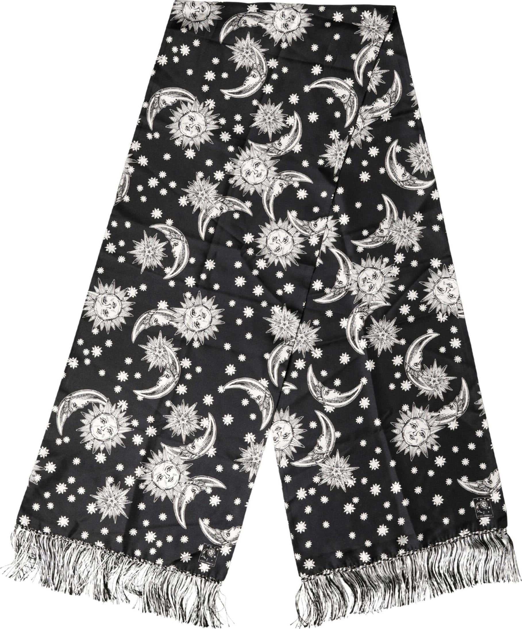 Black Silk Sun Moon Star Fringe Foulard 178cm X 33cm Scarf - 2