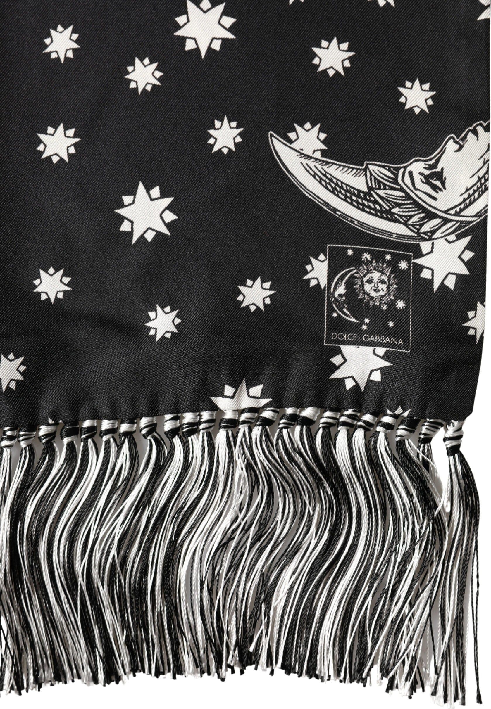 Black Silk Sun Moon Star Fringe Foulard 178cm X 33cm Scarf - 3