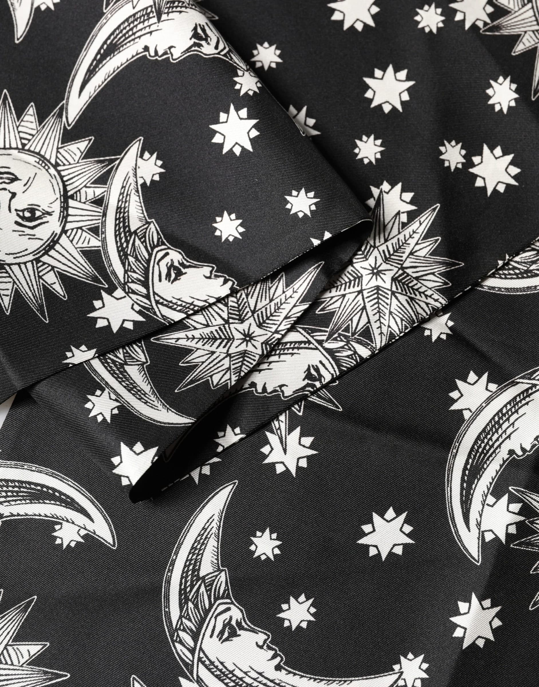 Black Silk Sun Moon Star Fringe Foulard 178cm X 33cm Scarf - 4