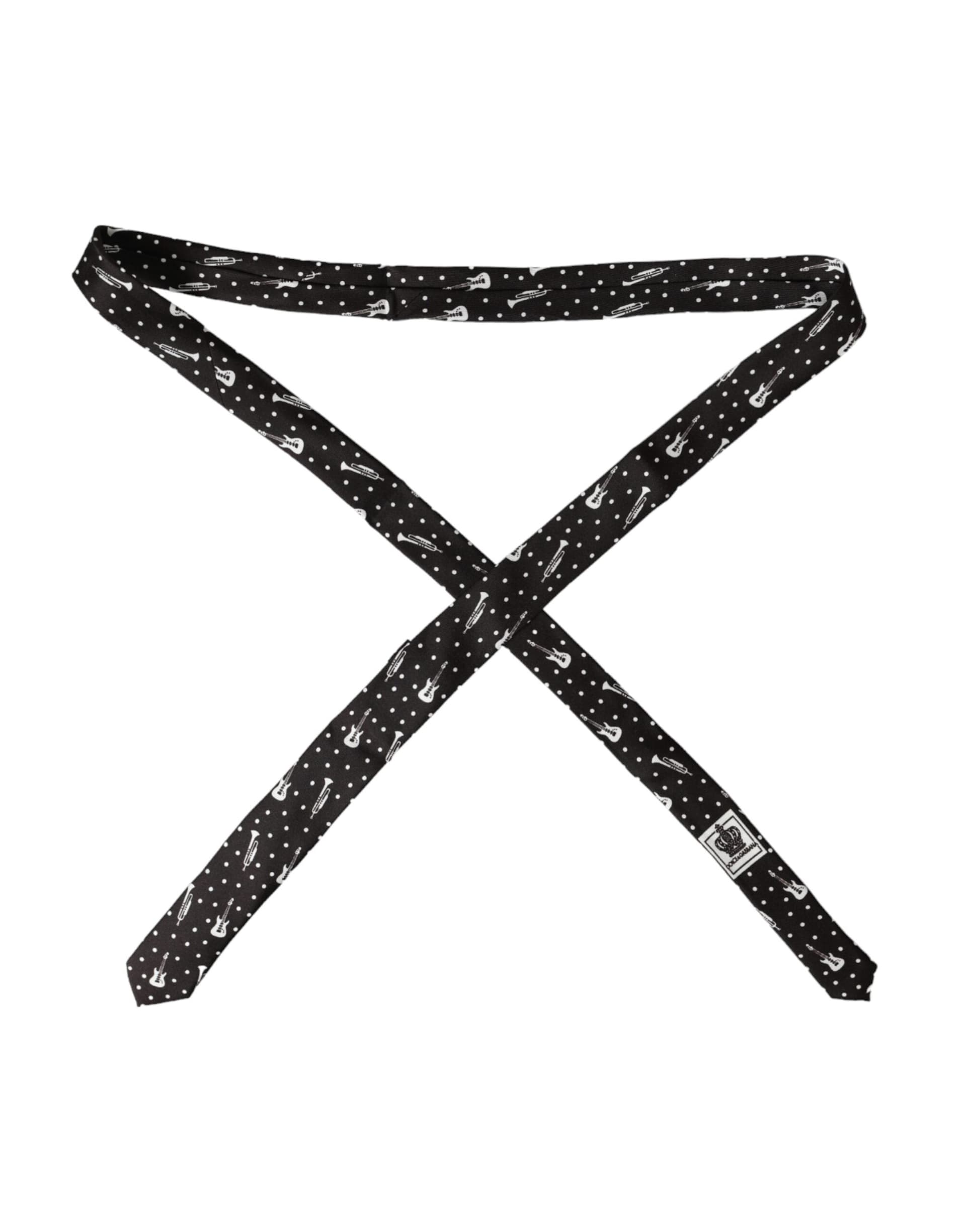Black Guitar Print Silk Adjustable Tie - 2