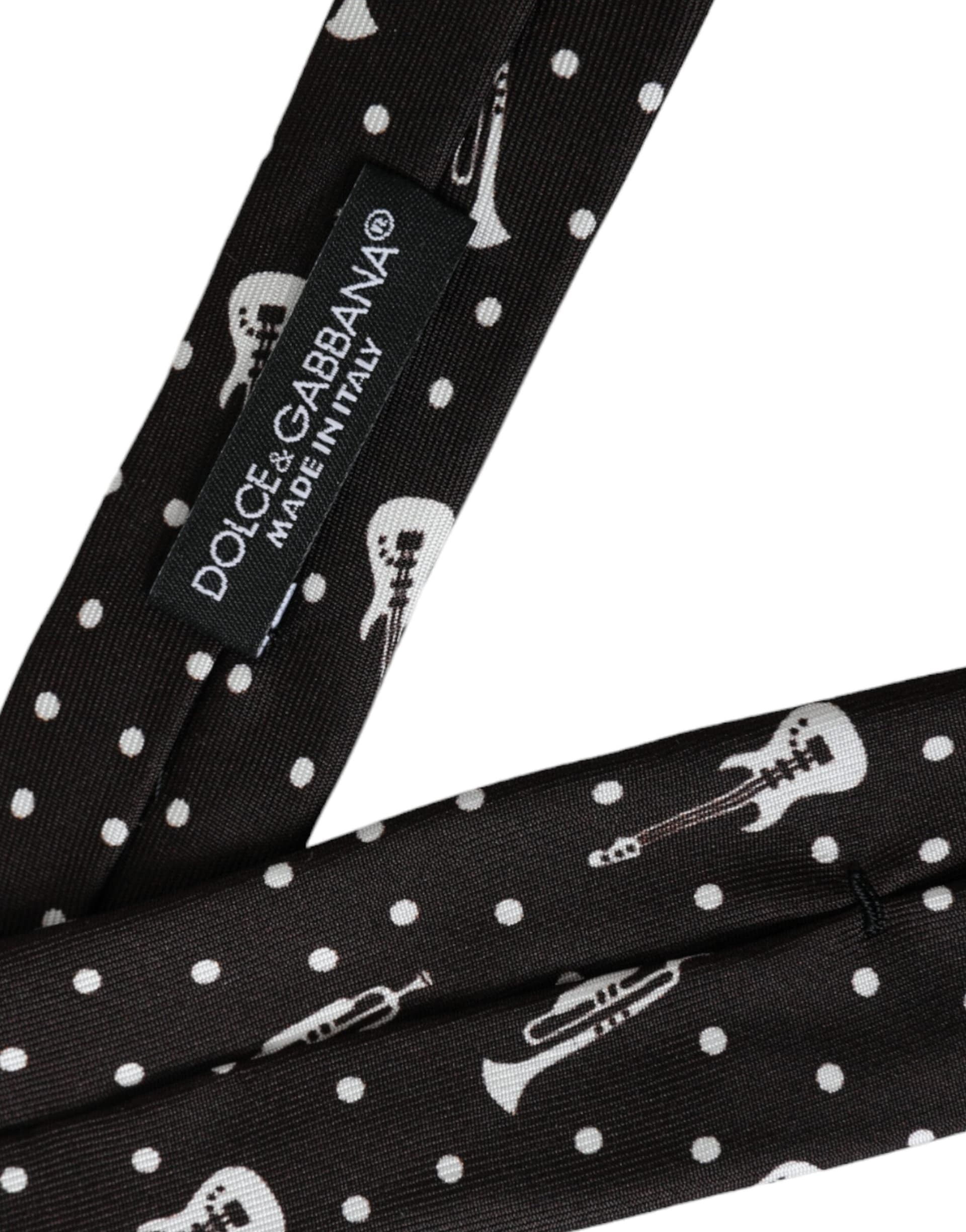 Black Guitar Print Silk Adjustable Tie - 3