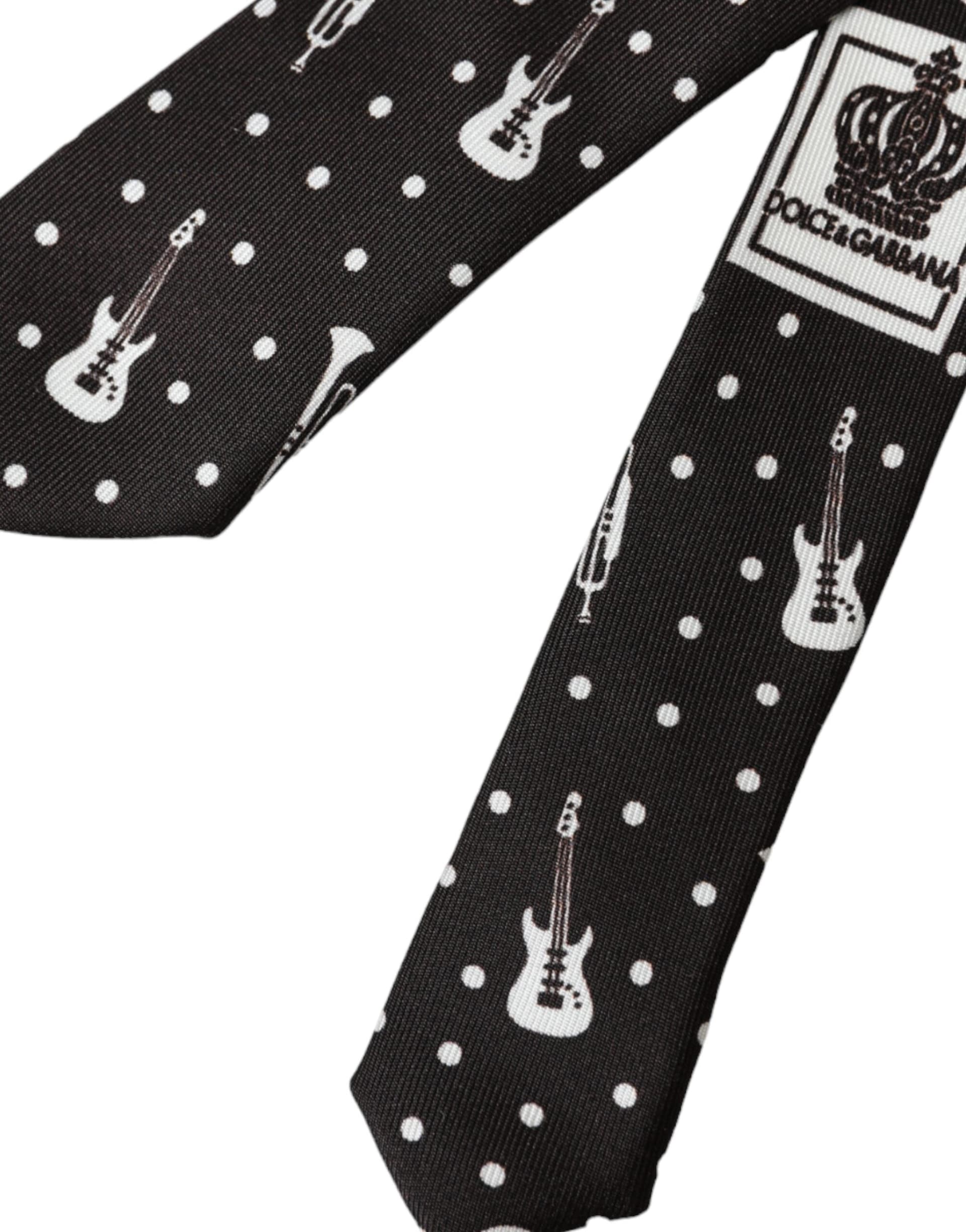 Black Guitar Print Silk Adjustable Tie - 5