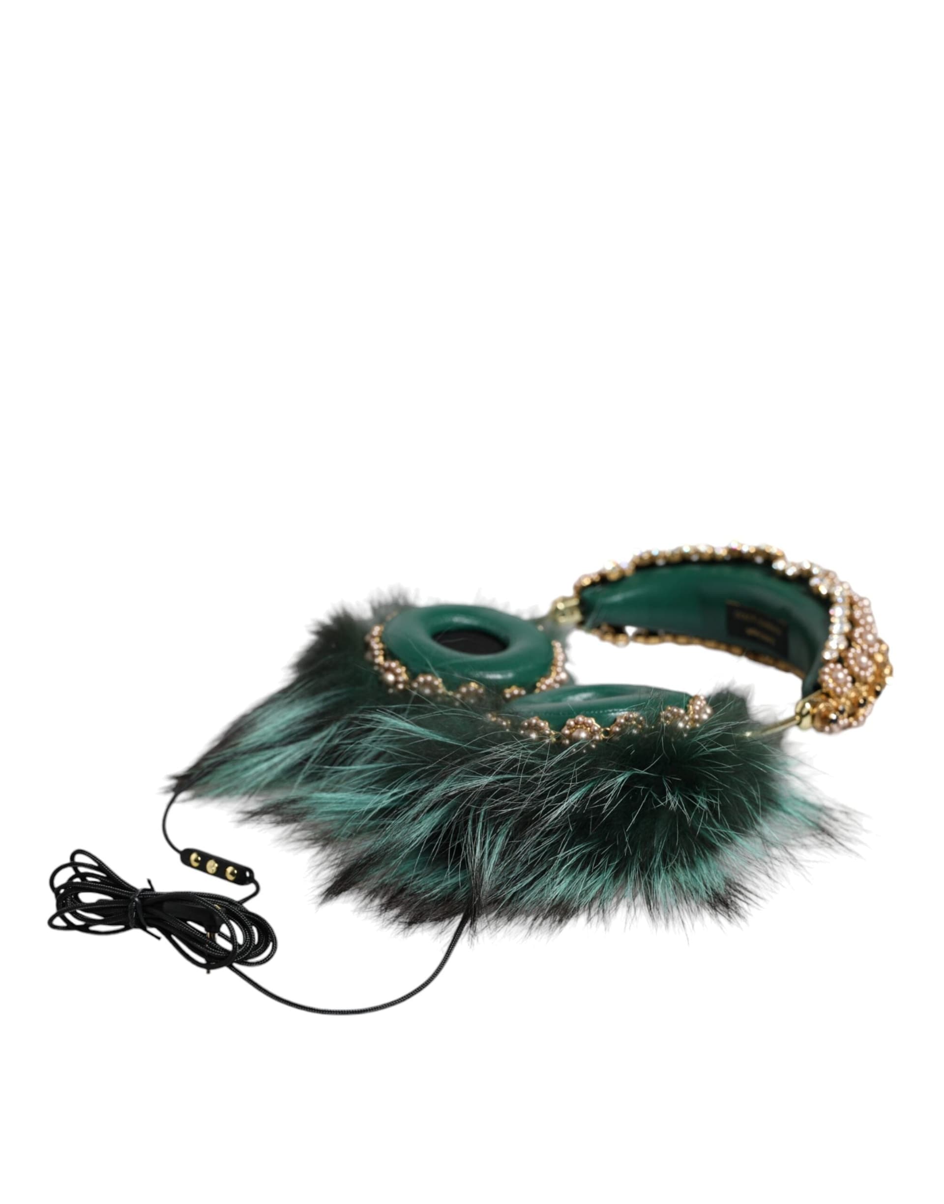 Green Gold Crystal Fur Headset Audio AUX Headphones - 2