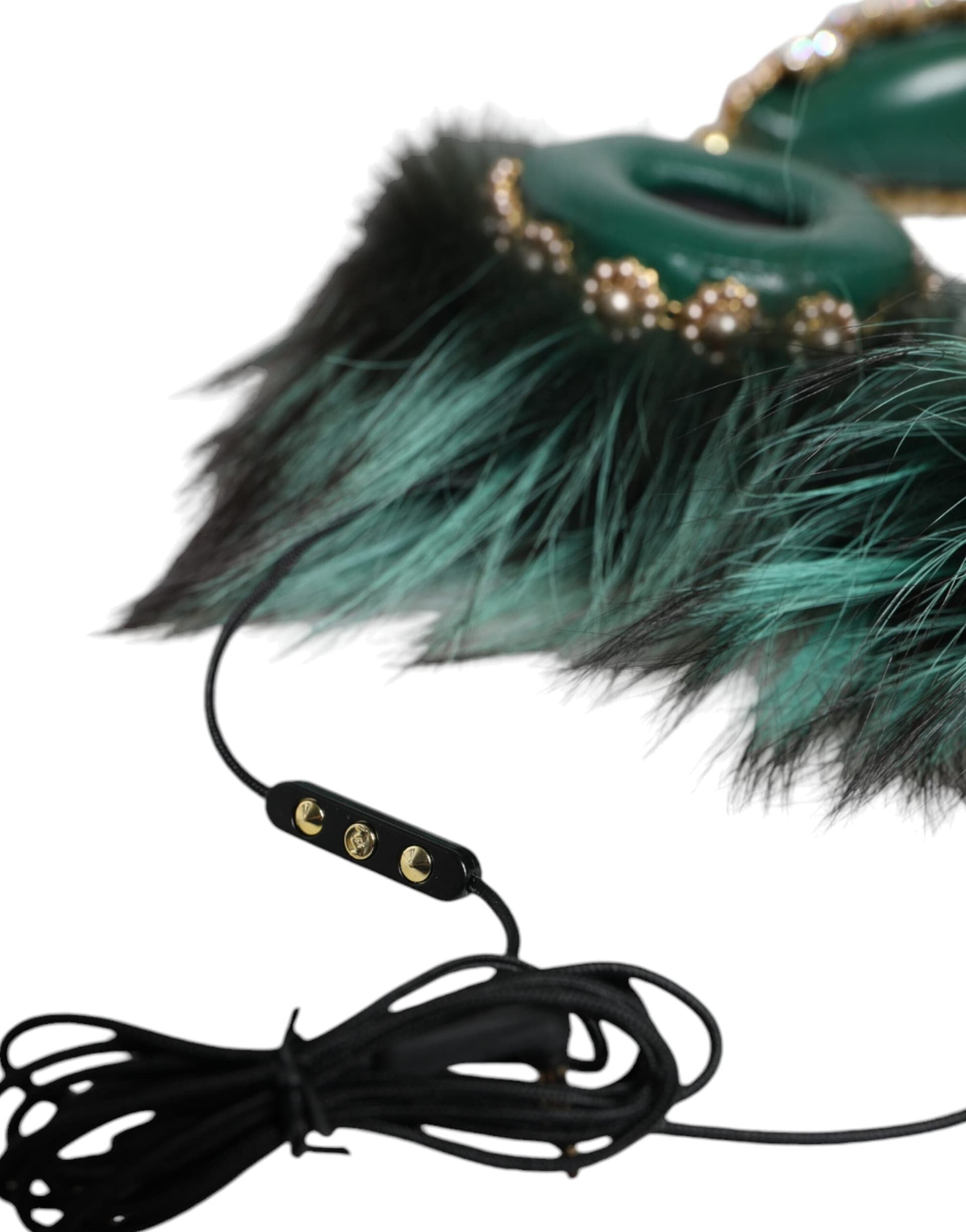 Green Gold Crystal Fur Headset Audio AUX Headphones - 3