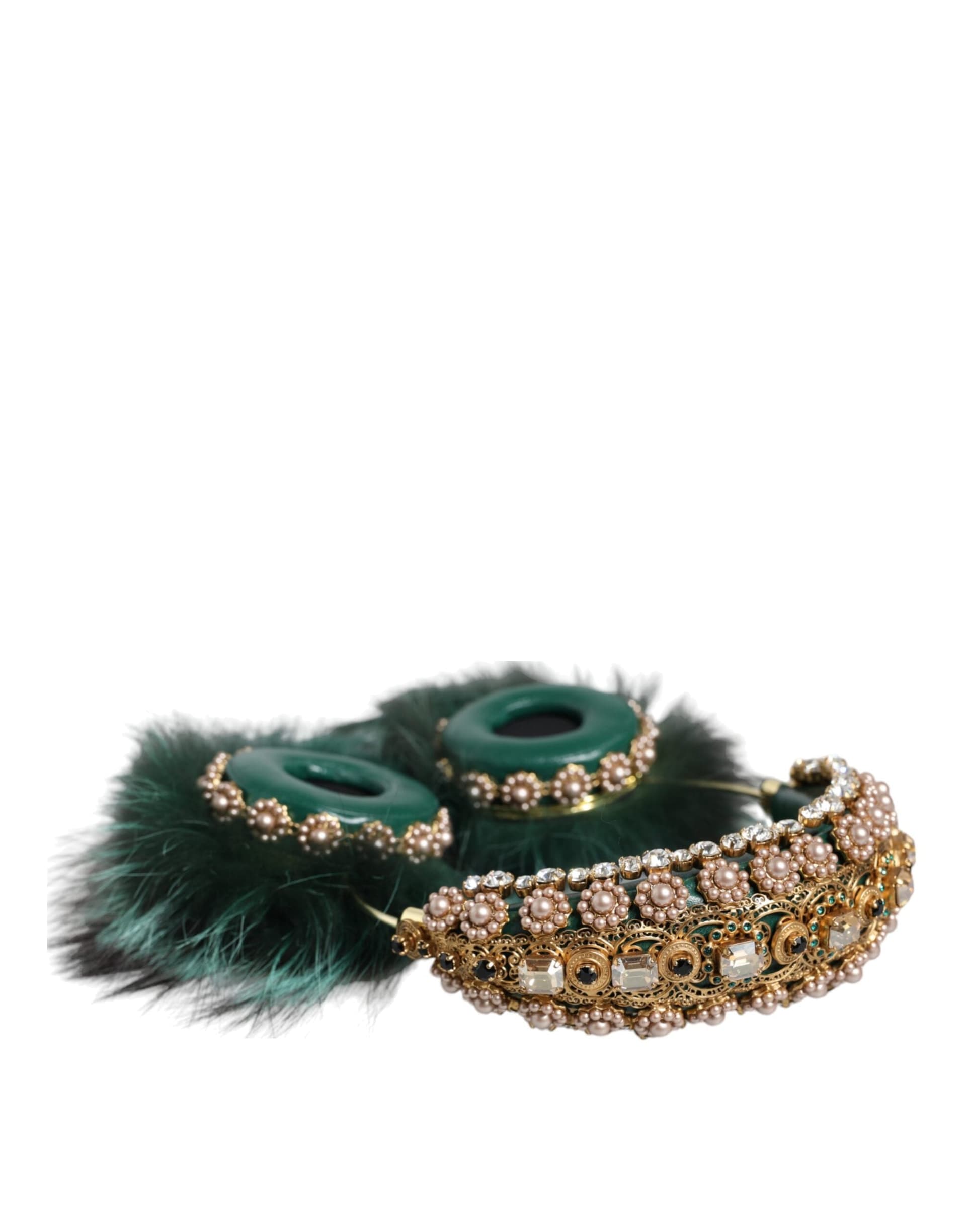 Green Gold Crystal Fur Headset Audio AUX Headphones - 6