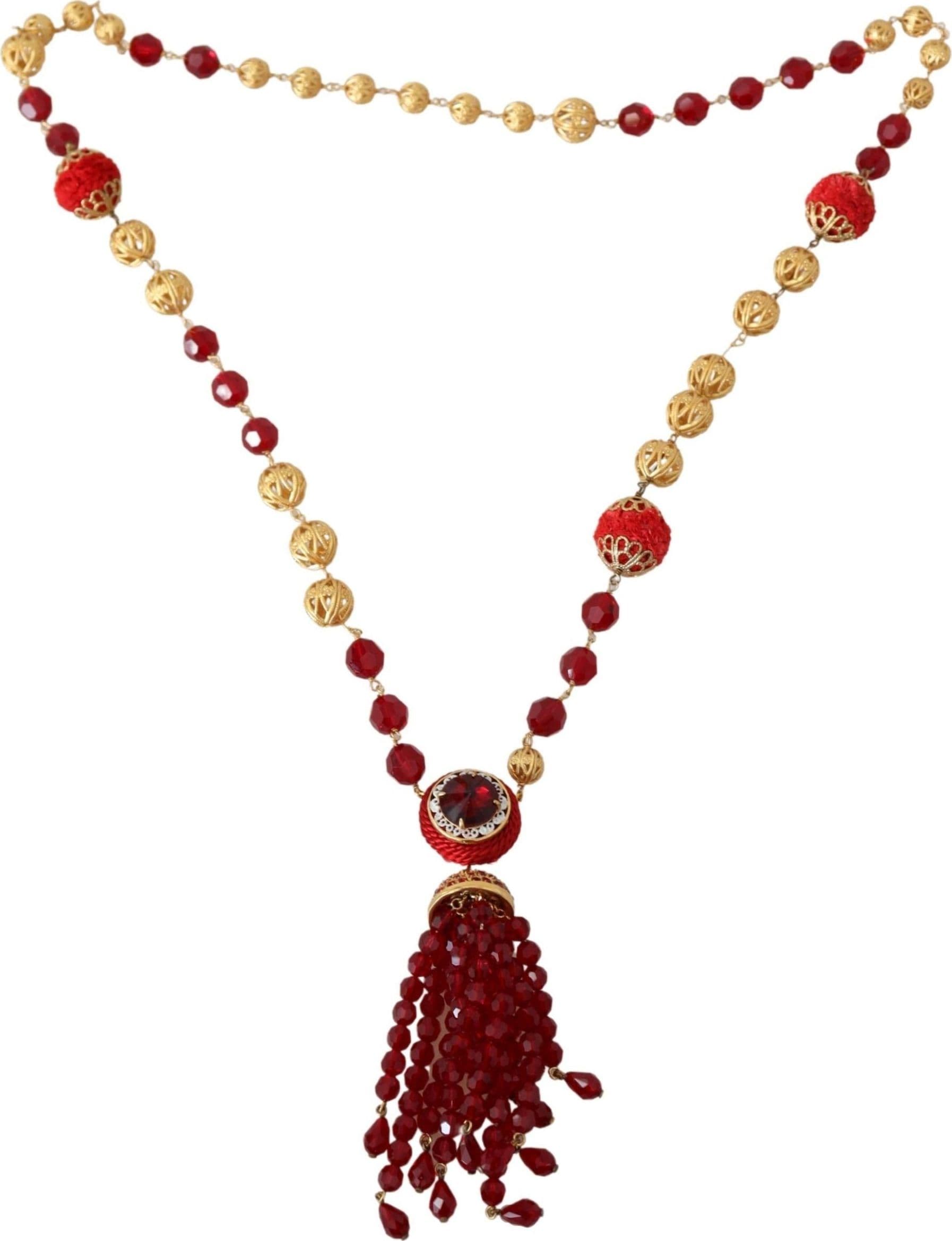 Gold Tone Brass Red Crystals Pendant Opera Chain  Necklace - 2