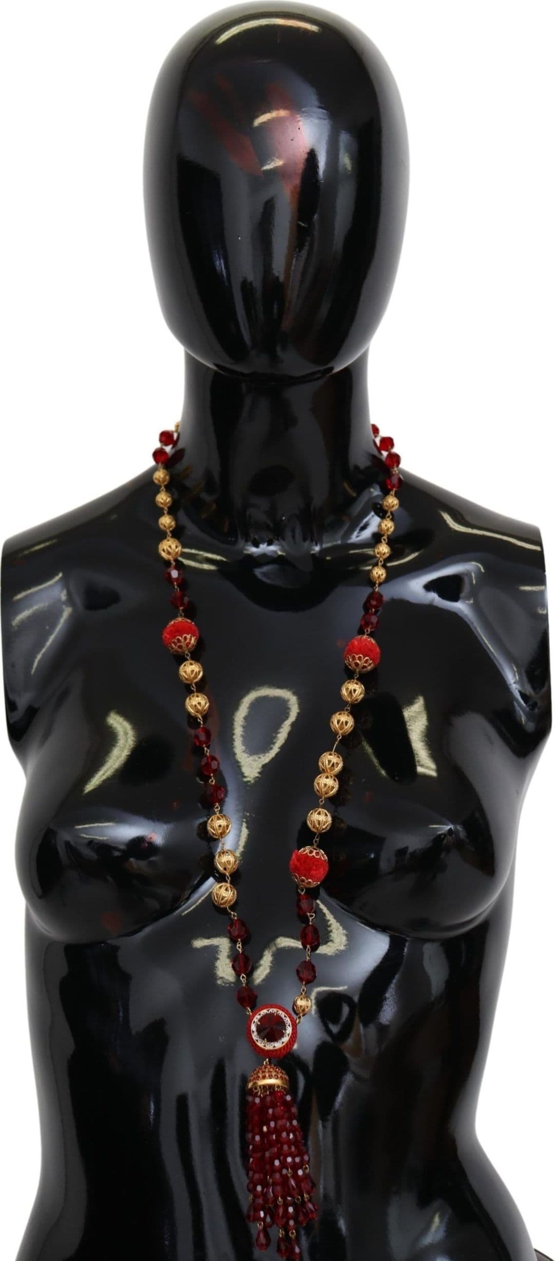 Gold Tone Brass Red Crystals Pendant Opera Chain  Necklace - 3