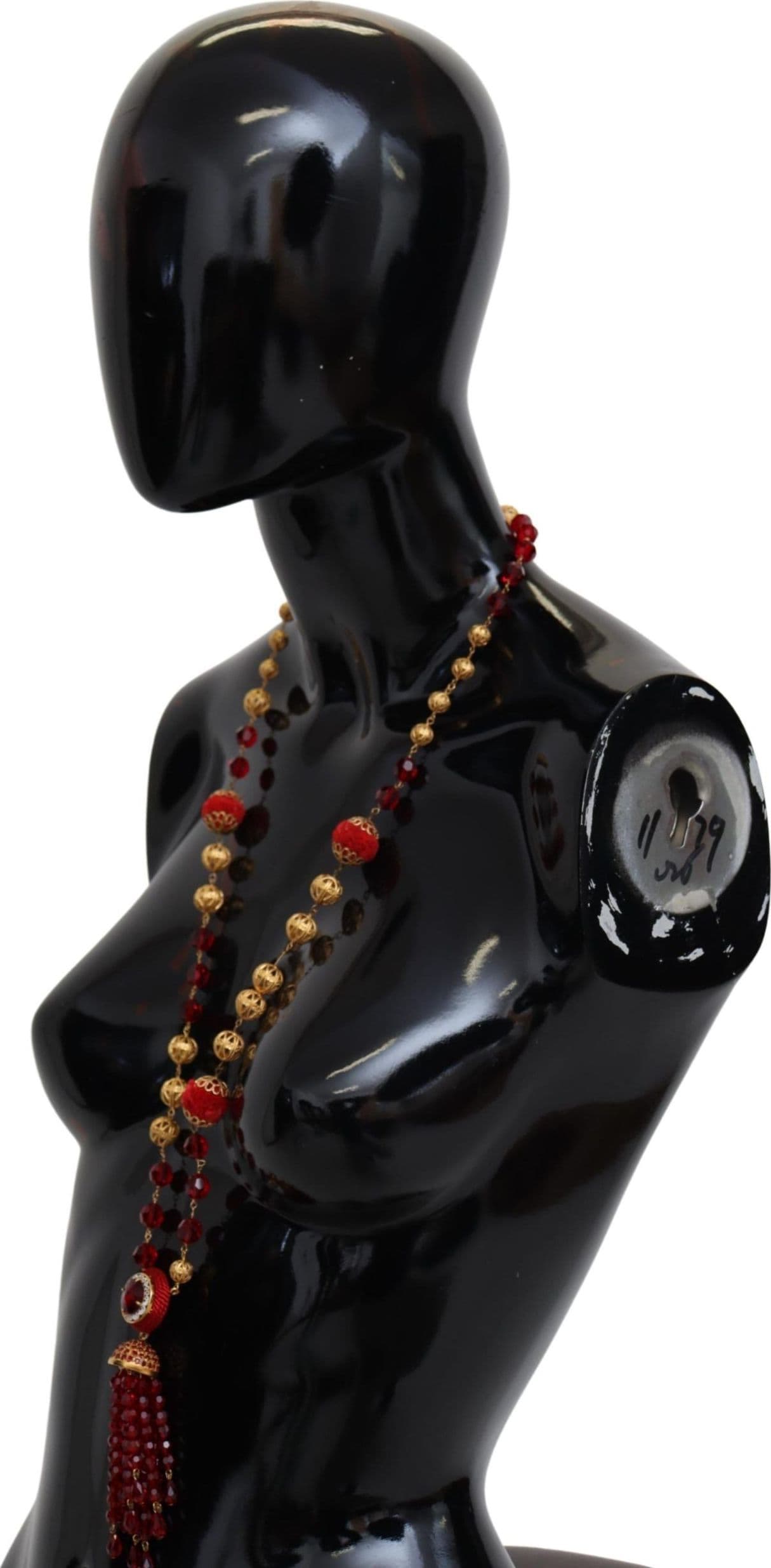 Gold Tone Brass Red Crystals Pendant Opera Chain  Necklace - 4
