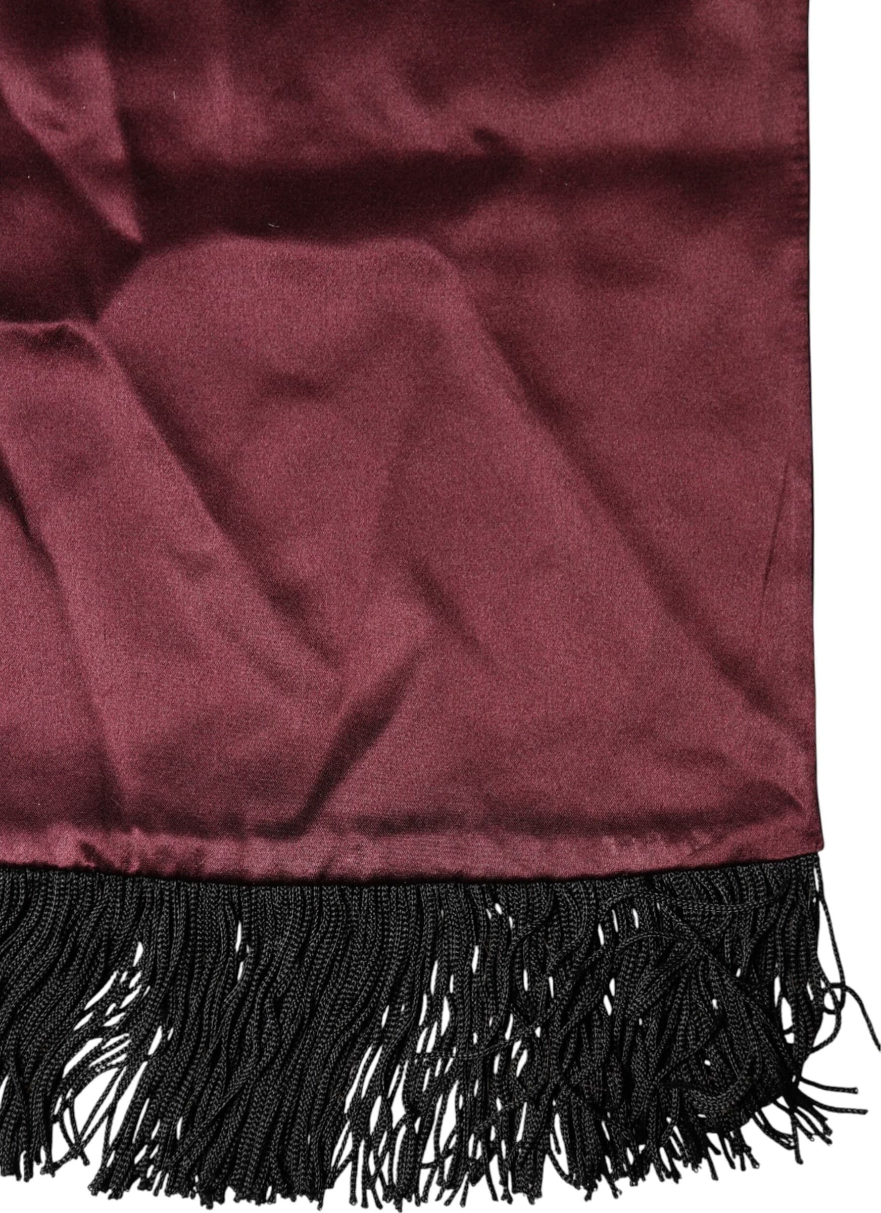 Maroon Silk Satin Fringes Neck Foulard Scarf - 5