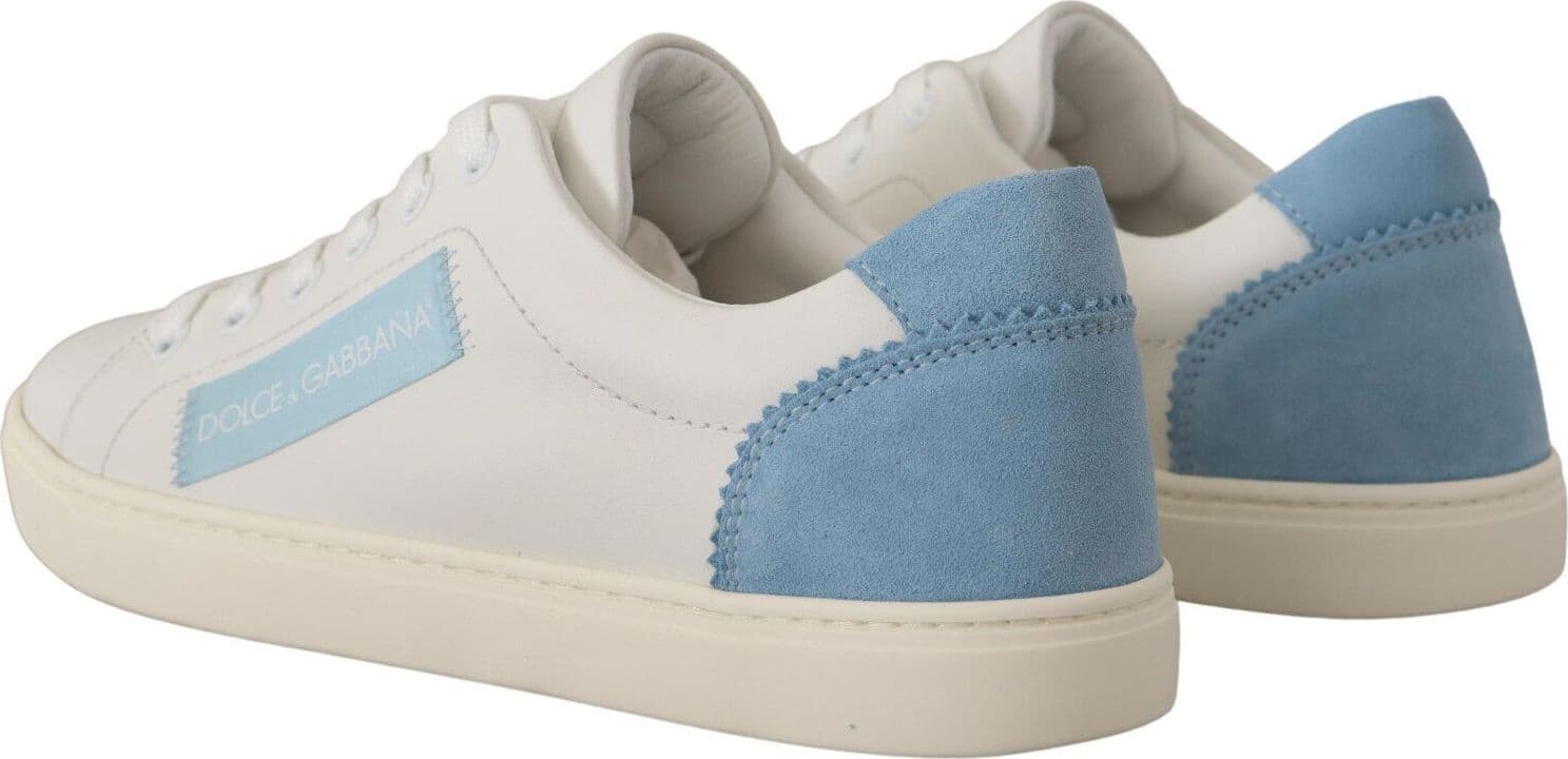 White Blue Leather Low Top Sneakers Shoes - 3