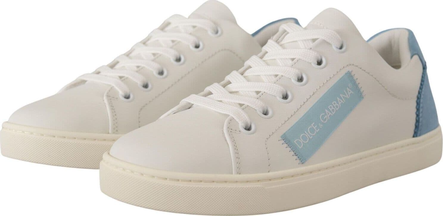 White Blue Leather Low Top Sneakers Shoes - 4