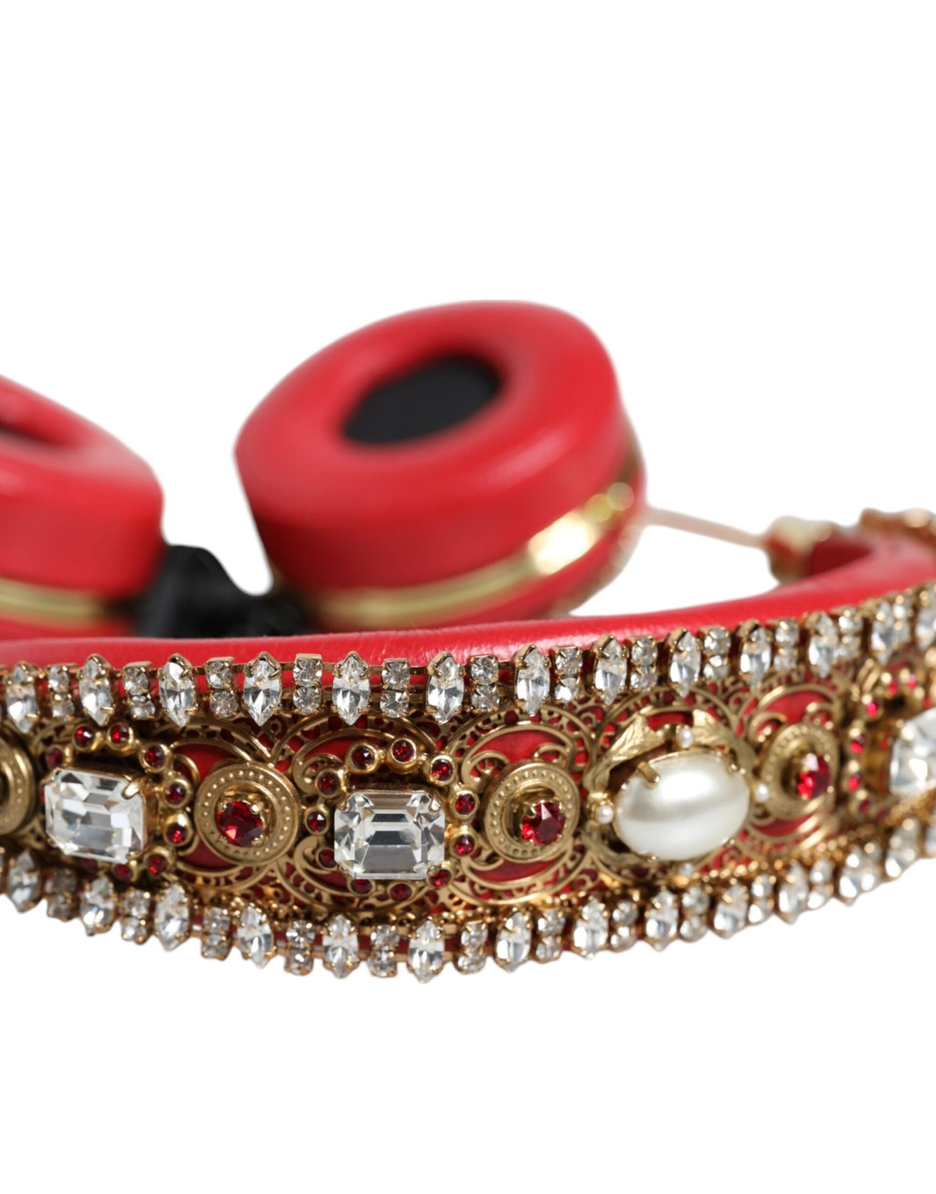 Red Nappa Leather Floral Crystal Headphone - 4