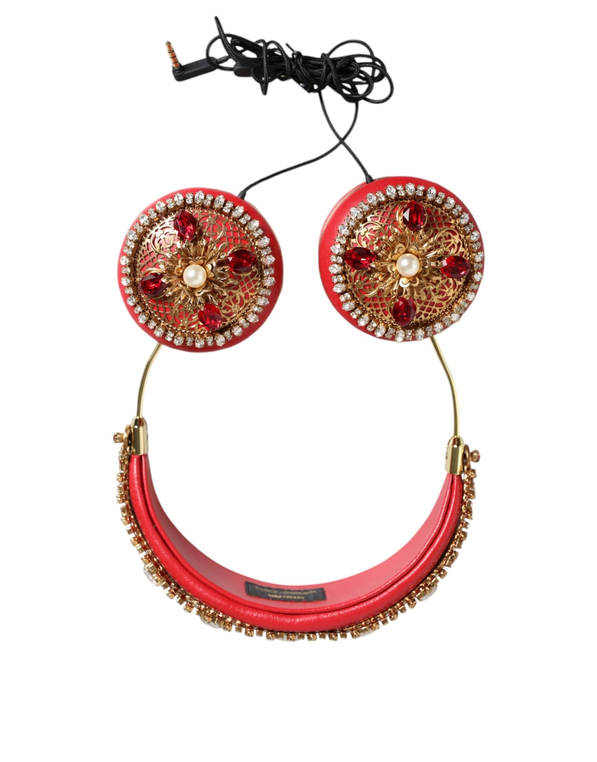 Red Nappa Leather Floral Crystal Headphone - 6