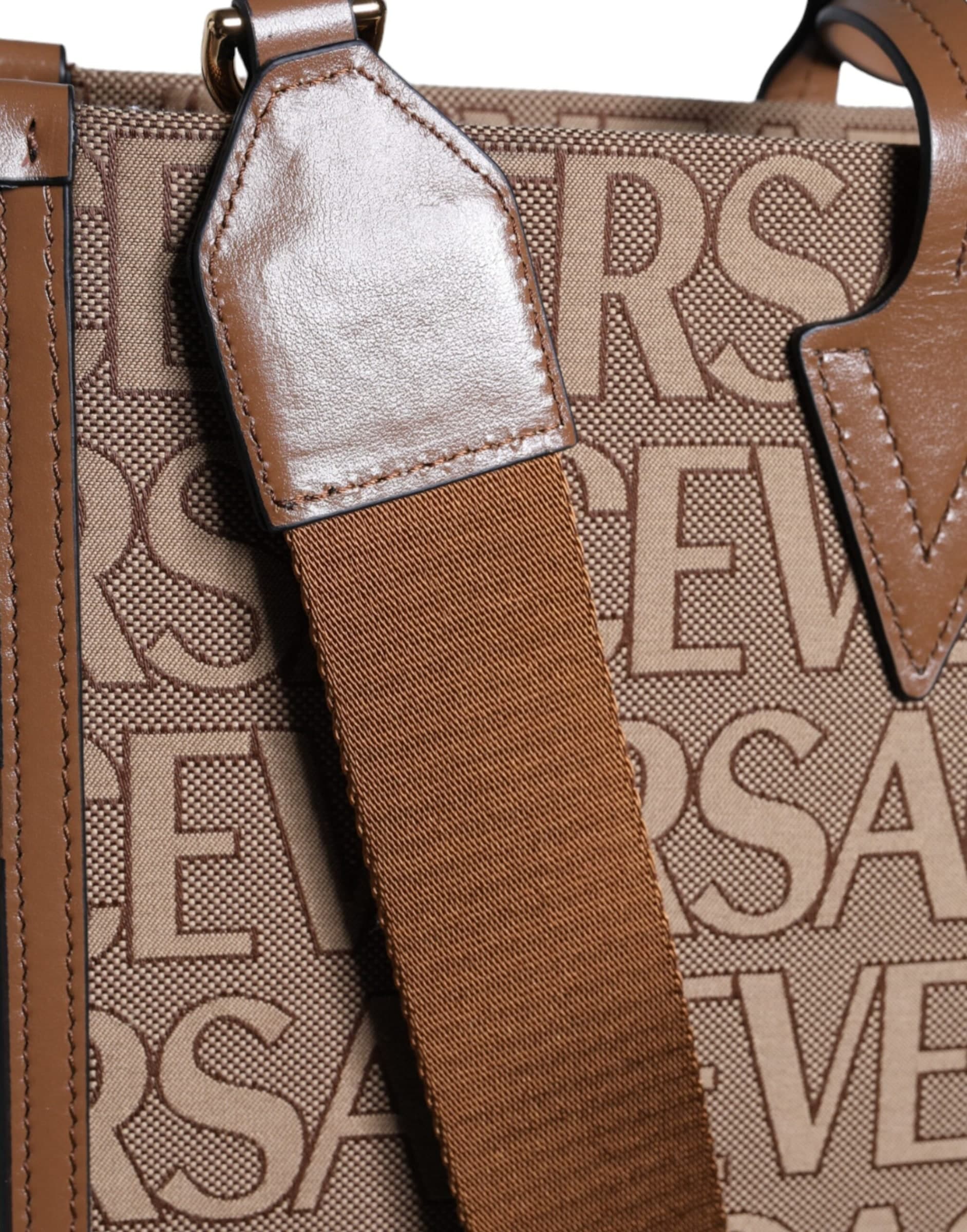 Brown Top Handle Jacquard Leather Logo Crossbody Tote Bag - 5