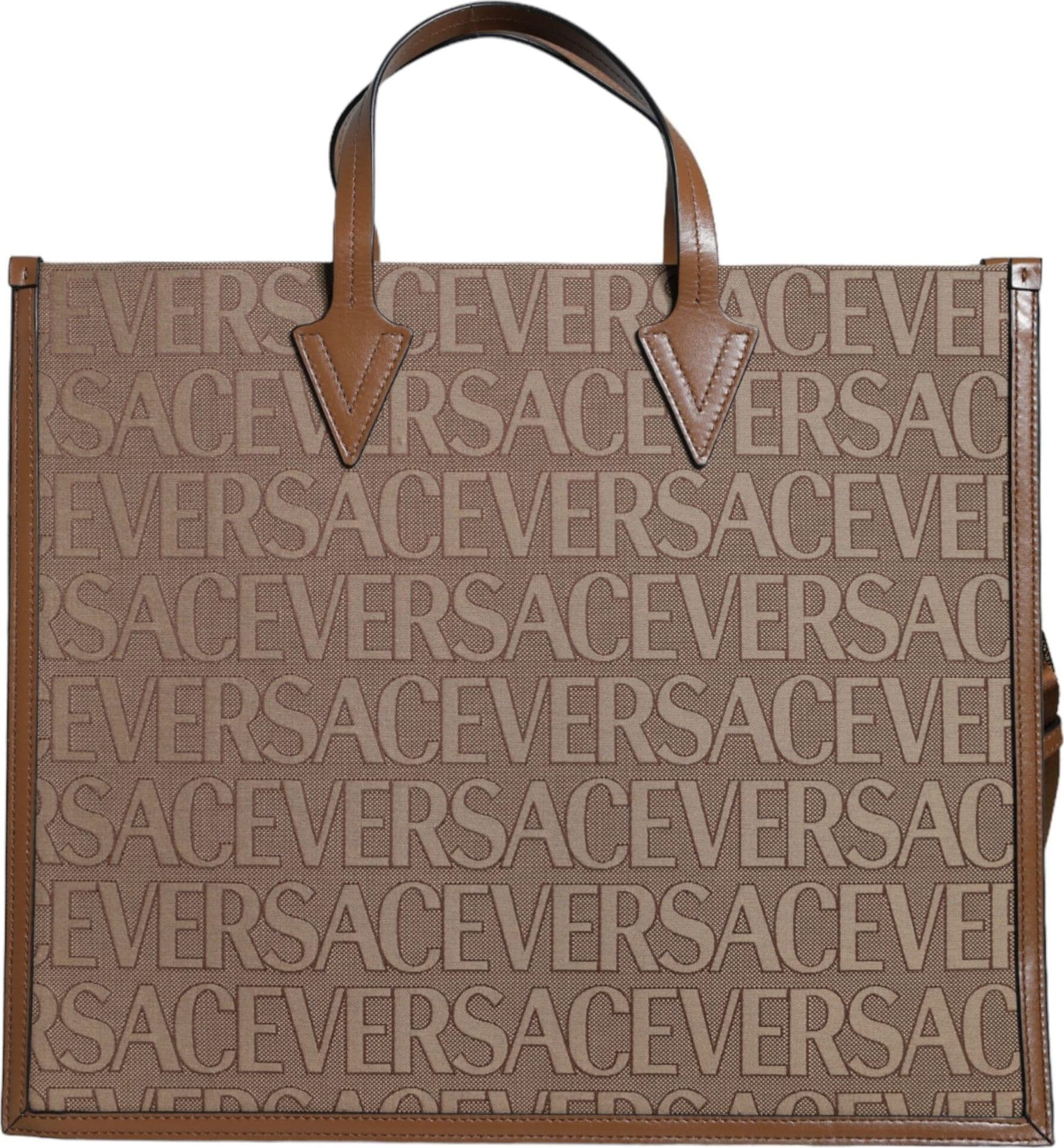 Brown Top Handle Jacquard Leather Logo Crossbody Tote Bag - 7