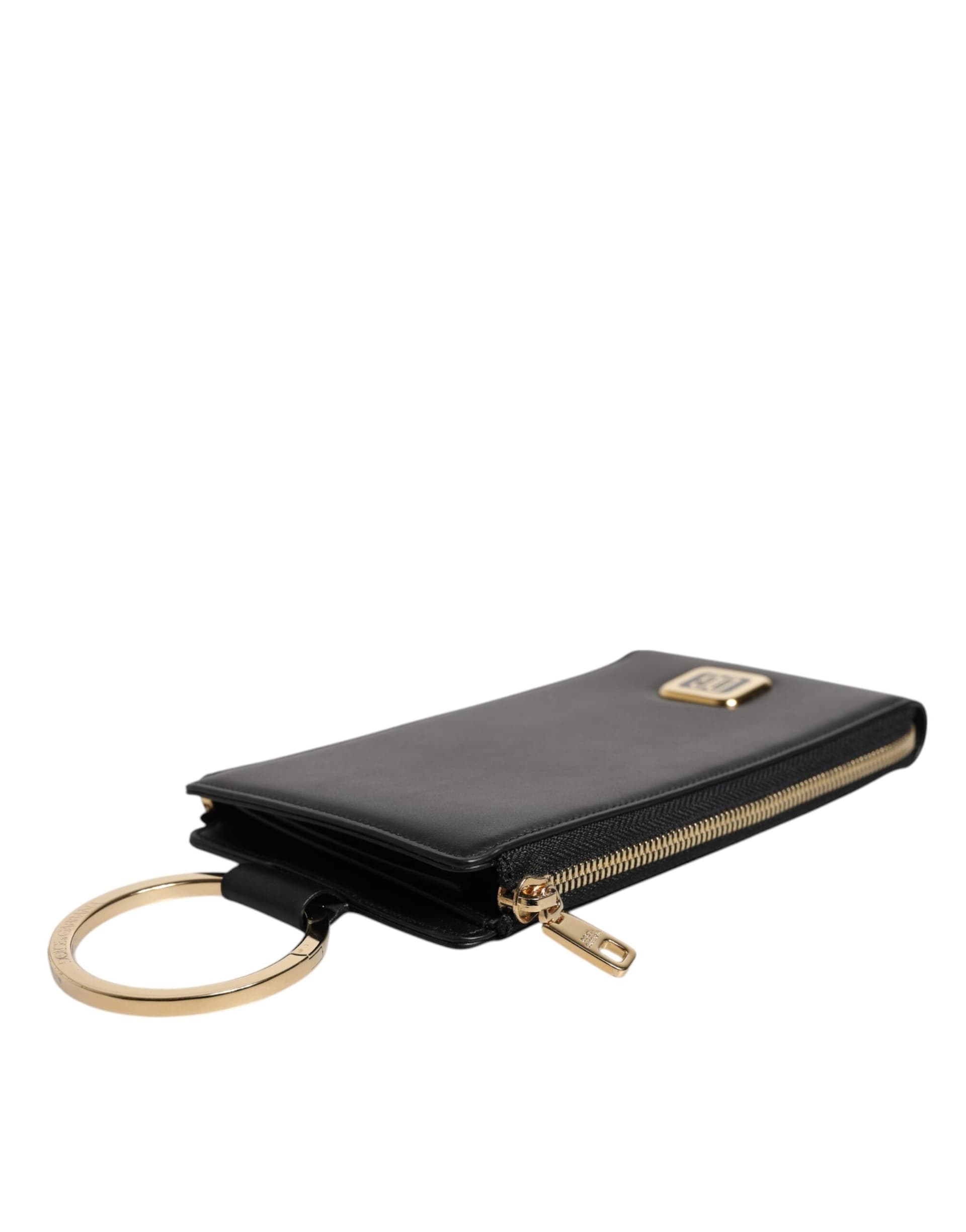Black Leather Logo Plaque Neck Strap Card Coin Wallet - 5