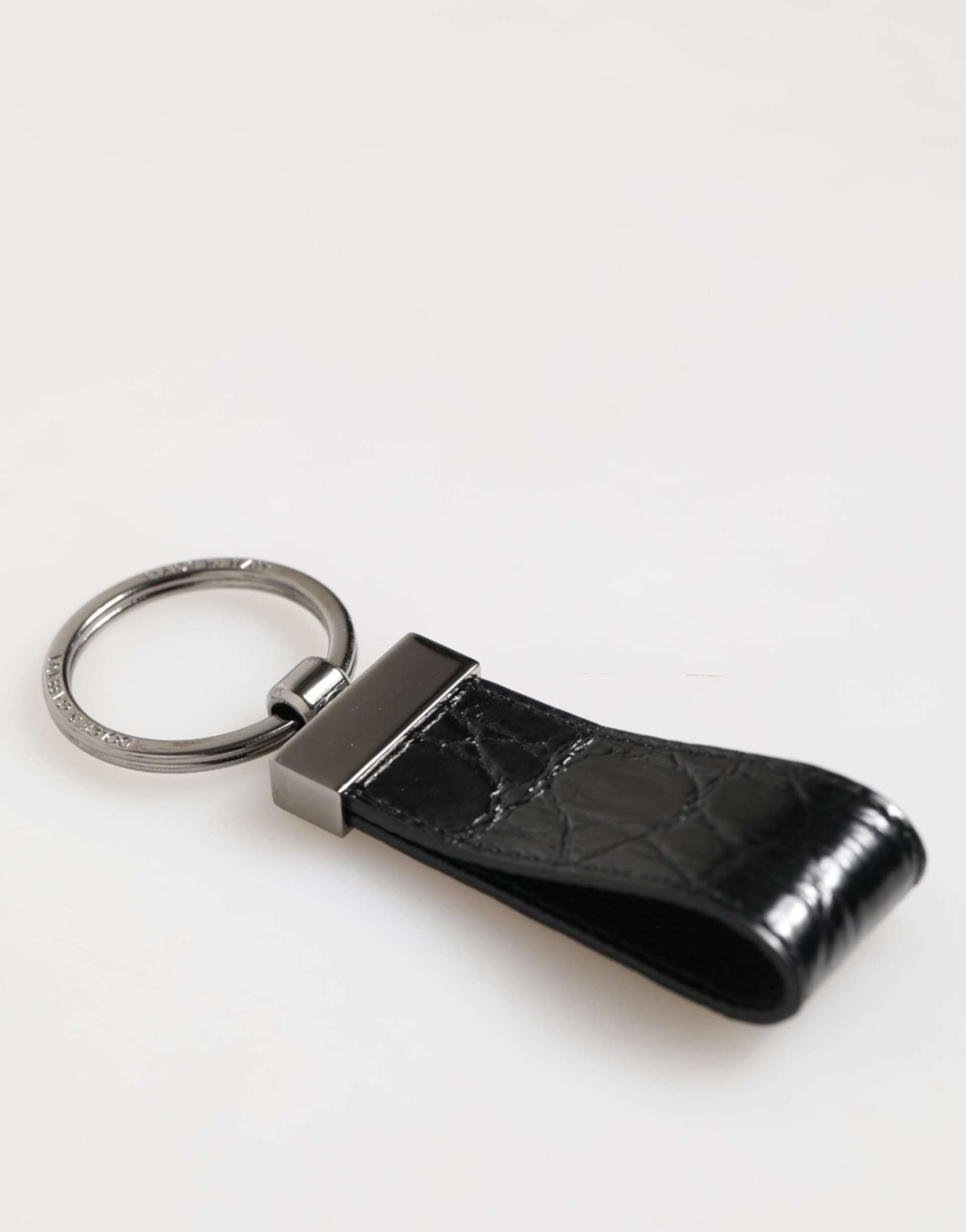 Black Leather Logo Metal Ring Keychain Holder Men Keyring - 3