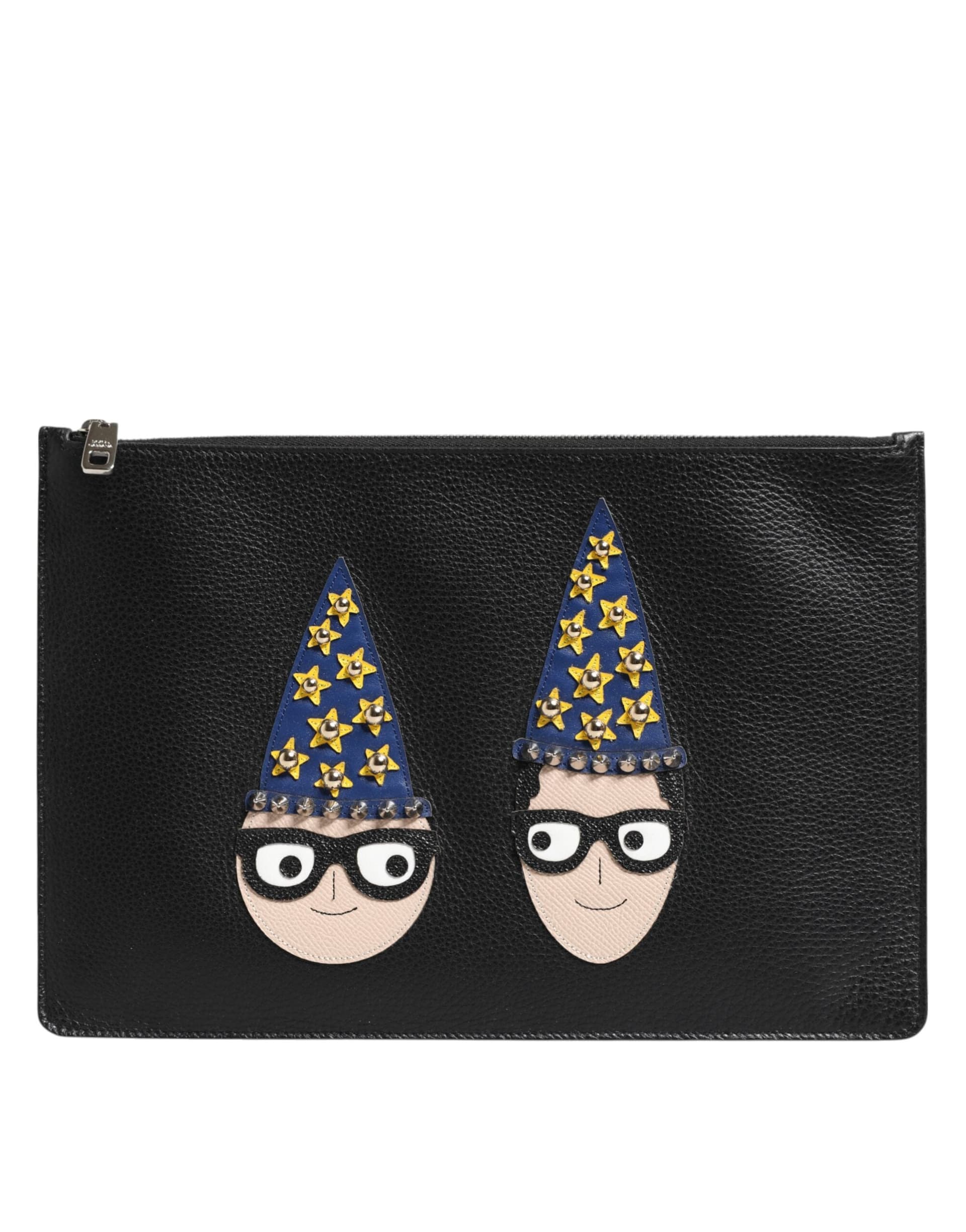 Black Leather #DGFAMILY Embellished Men Clutch Pouch Bag - 2