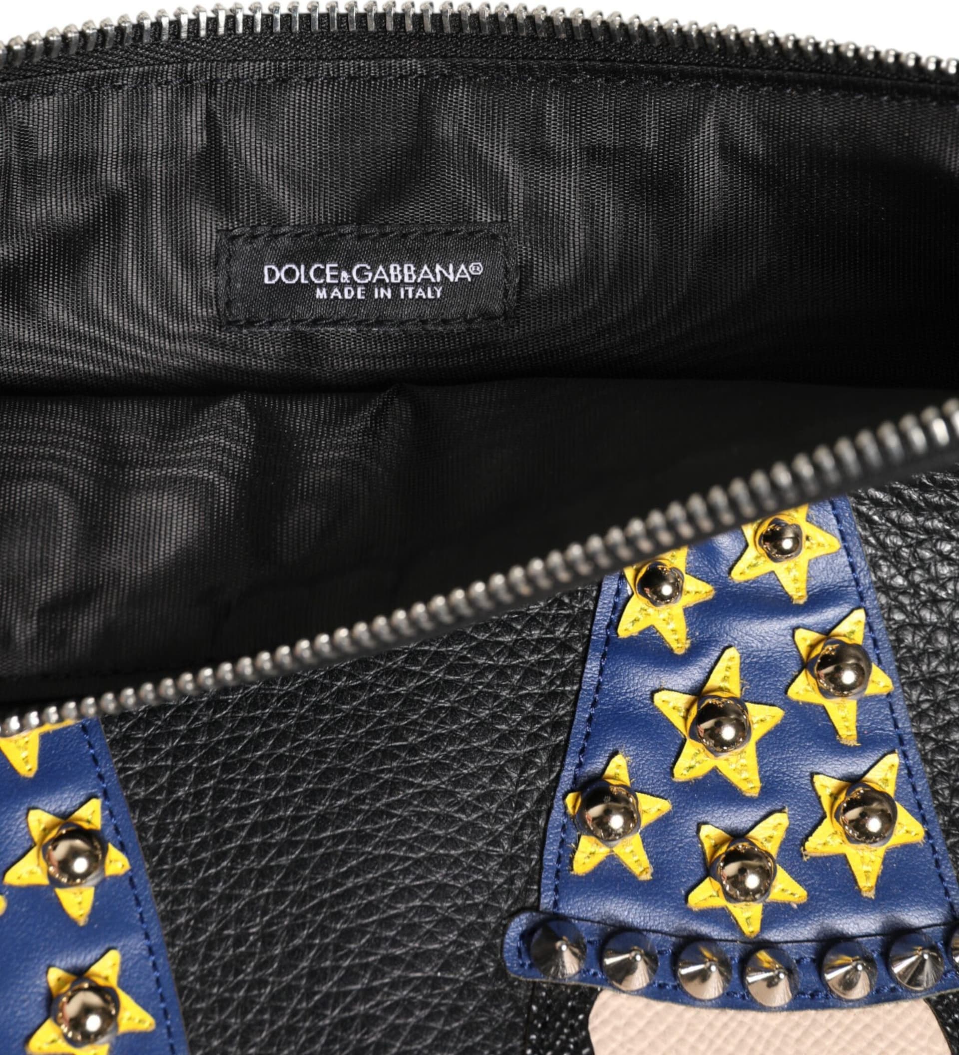 Black Leather #DGFAMILY Embellished Men Clutch Pouch Bag - 8