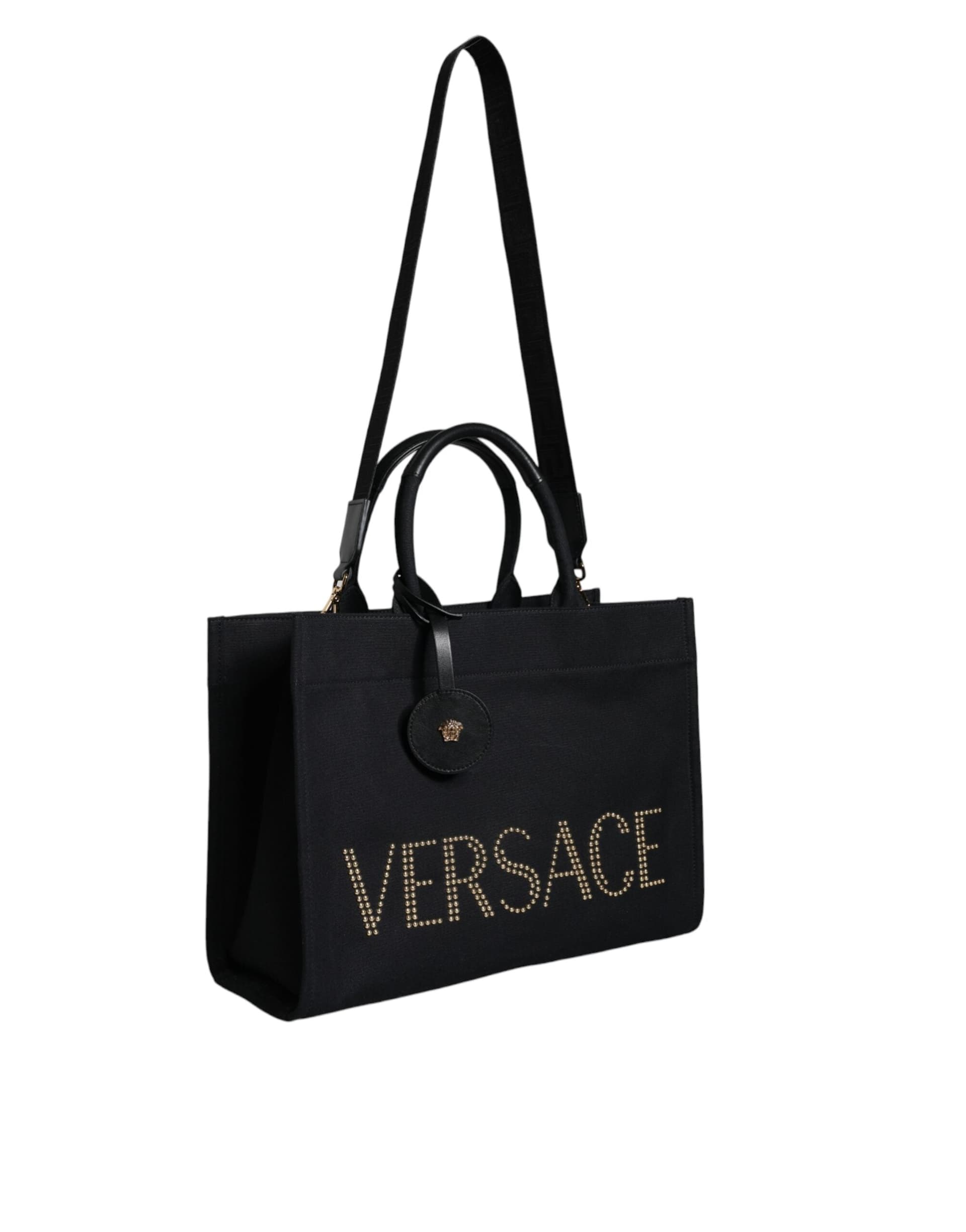 Black Top Handle Canvas Leather Logo Crossbody Tote Bag - 2