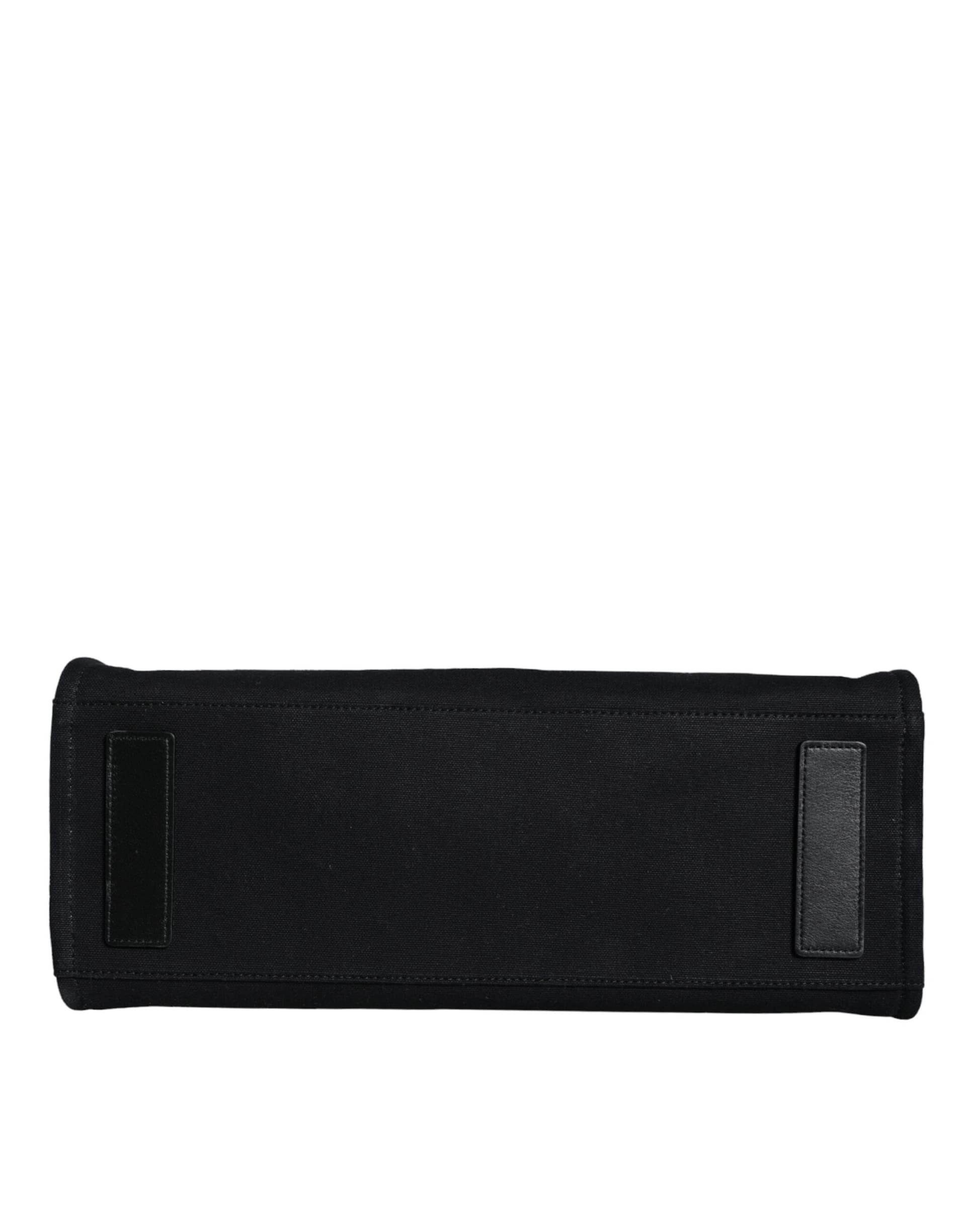 Black Top Handle Canvas Leather Logo Crossbody Tote Bag - 6