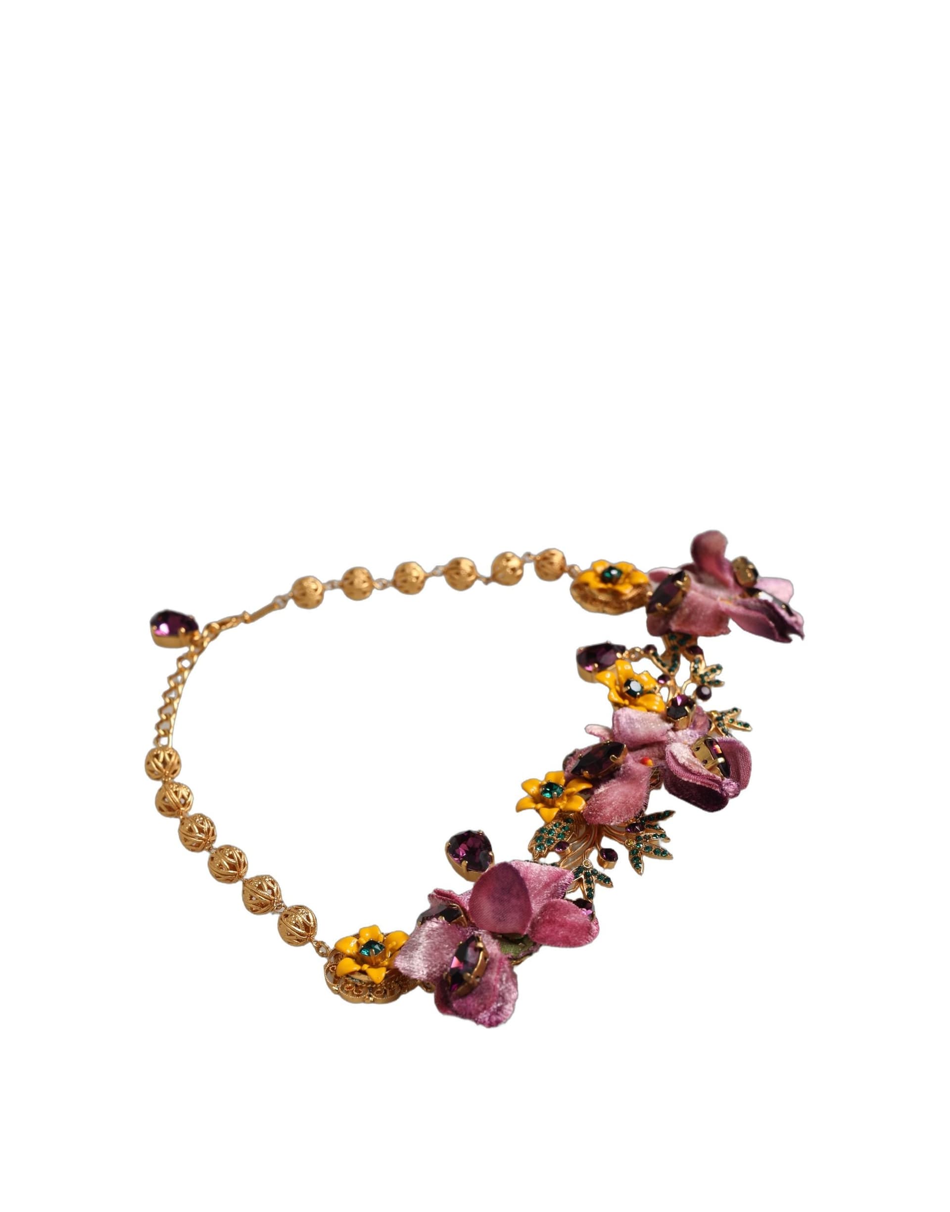 Gold Brass Mix Fiori Flowers Crystal Chain Necklace - 4