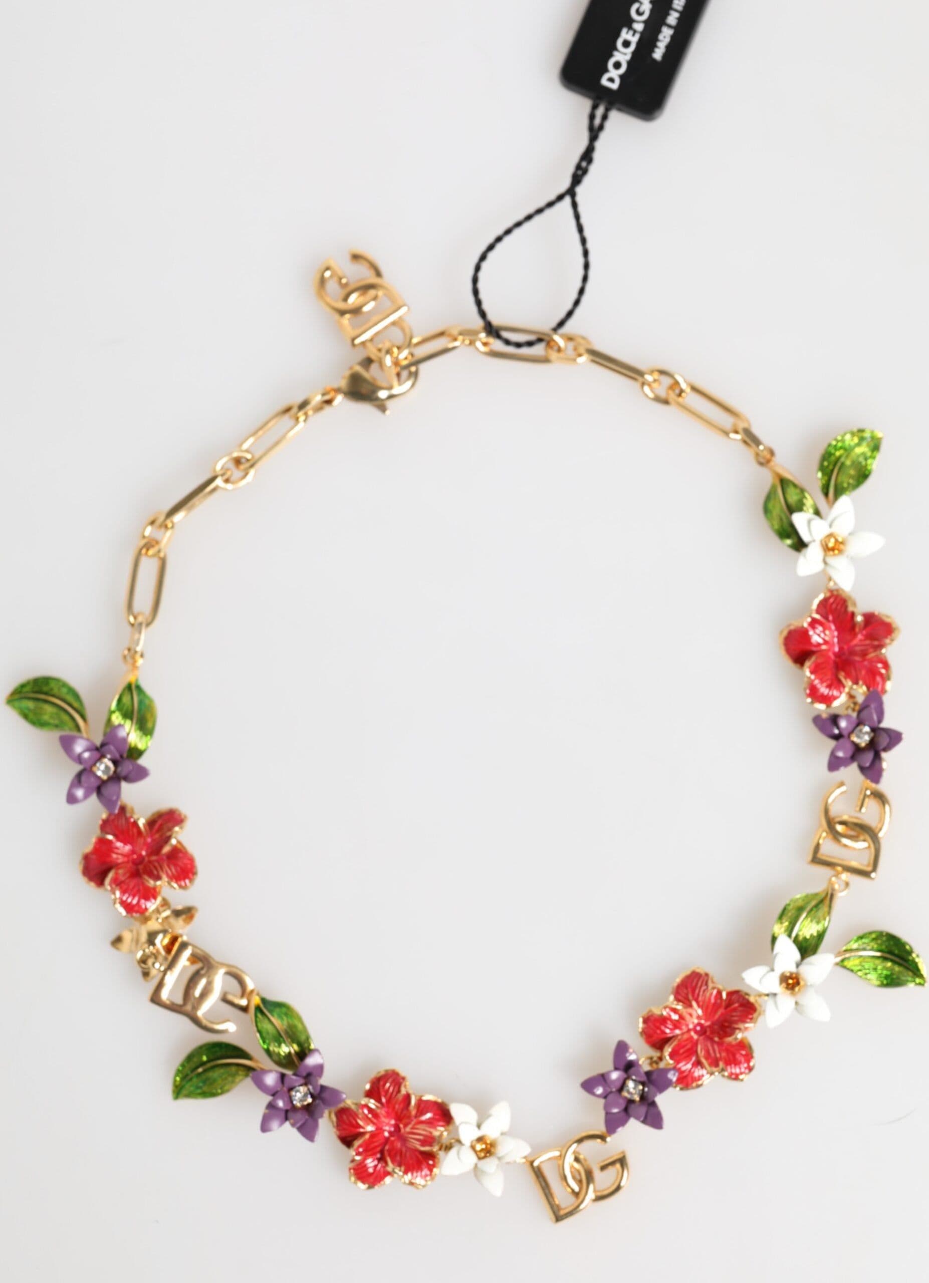Gold Brass Logo Detail Floral Fashion Jewelry Necklace - 2