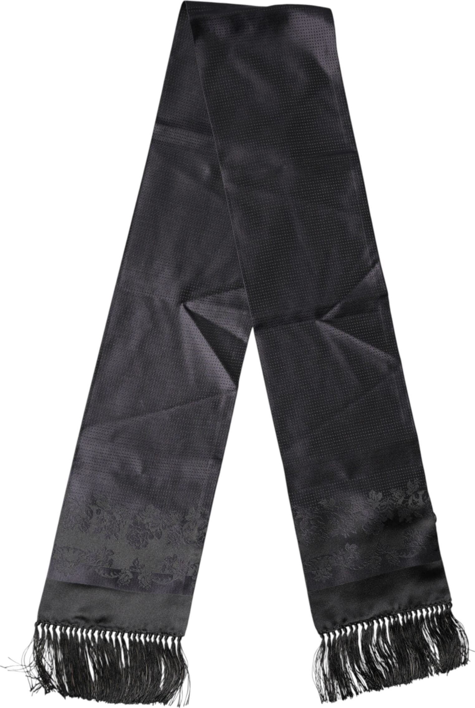 Black Satin Silk Fringes Neck Foulard Scarf - 2