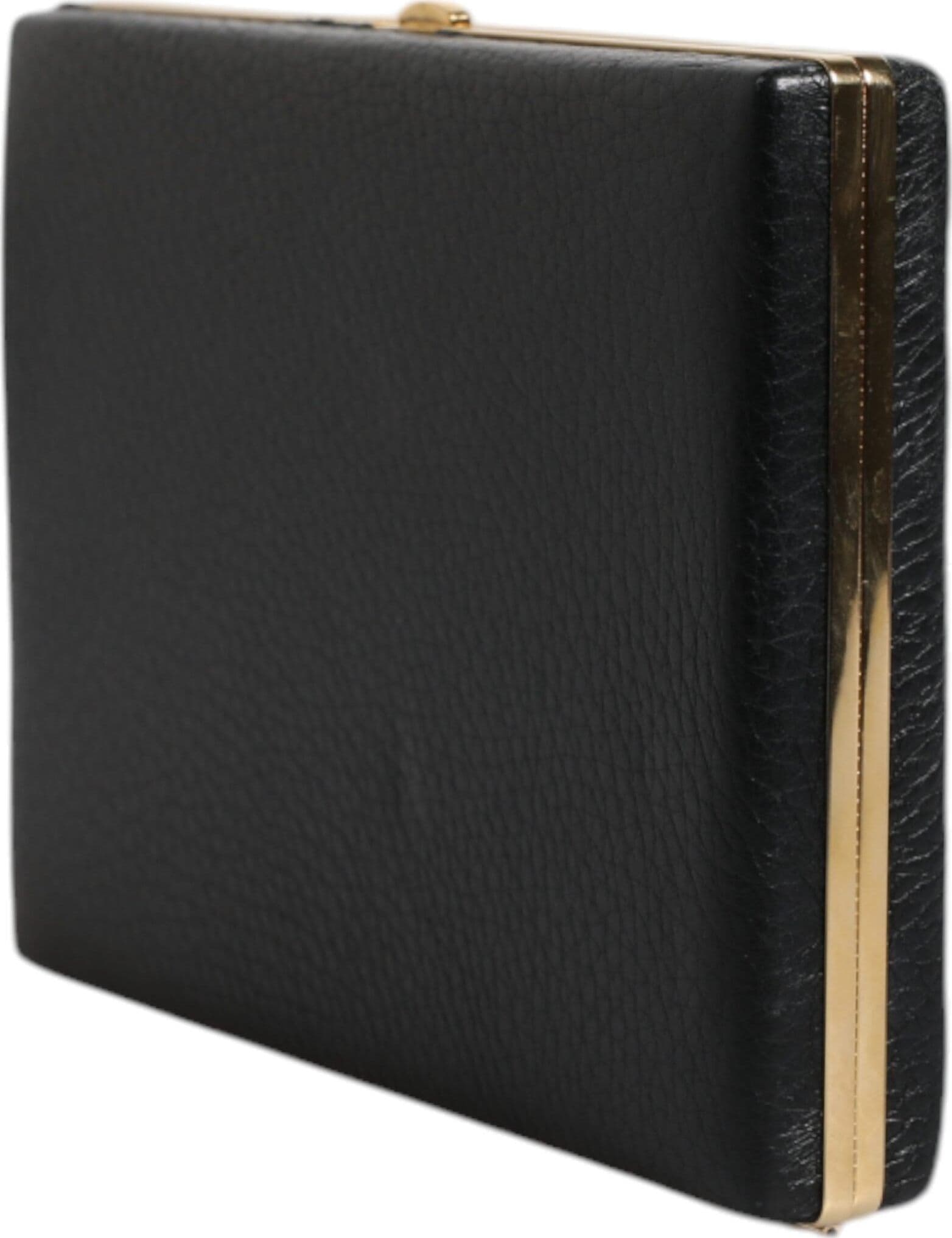 Black Leather Gold Frame Clutch Evening Party Purse Bag - 3