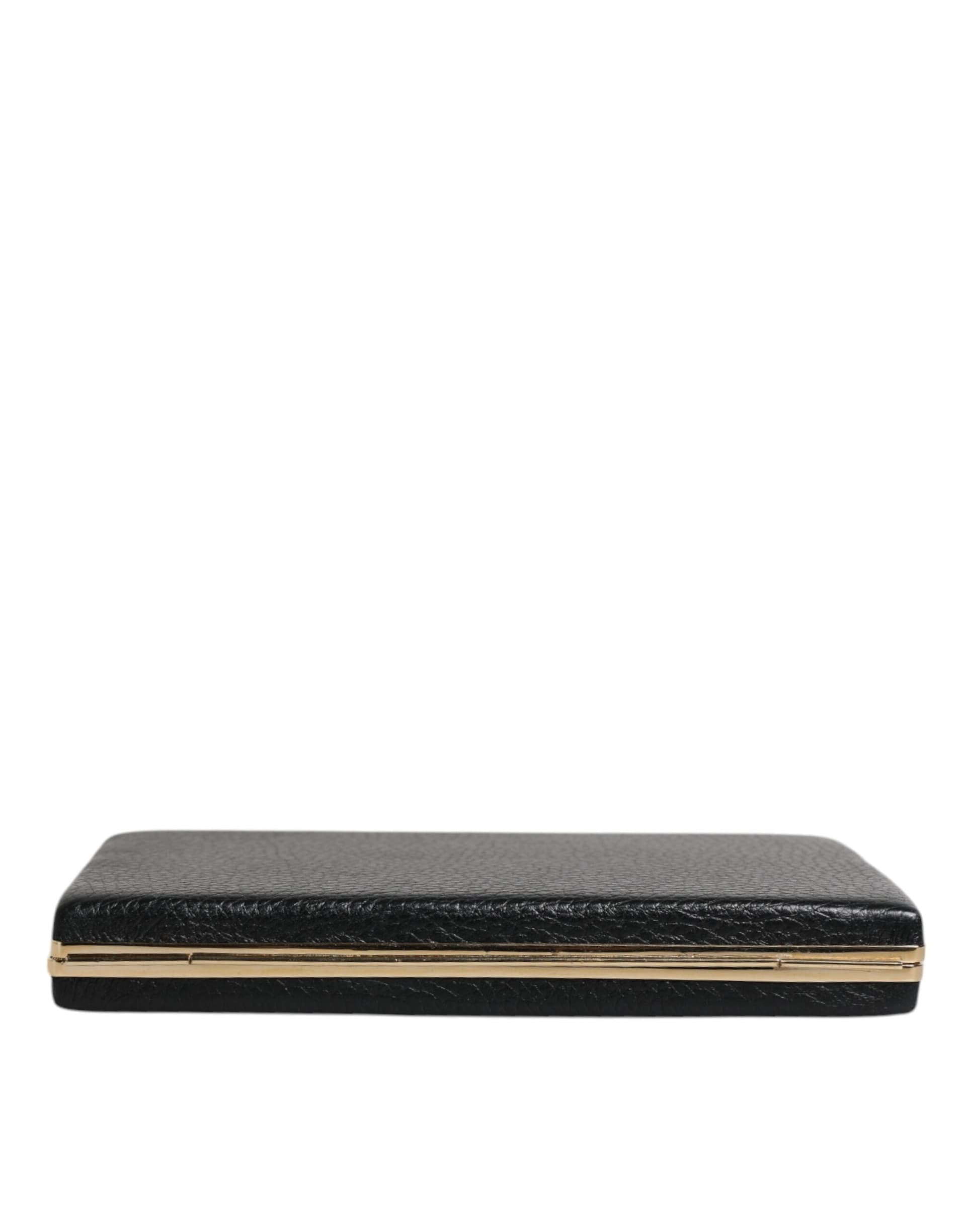 Black Leather Gold Frame Clutch Evening Party Purse Bag - 5