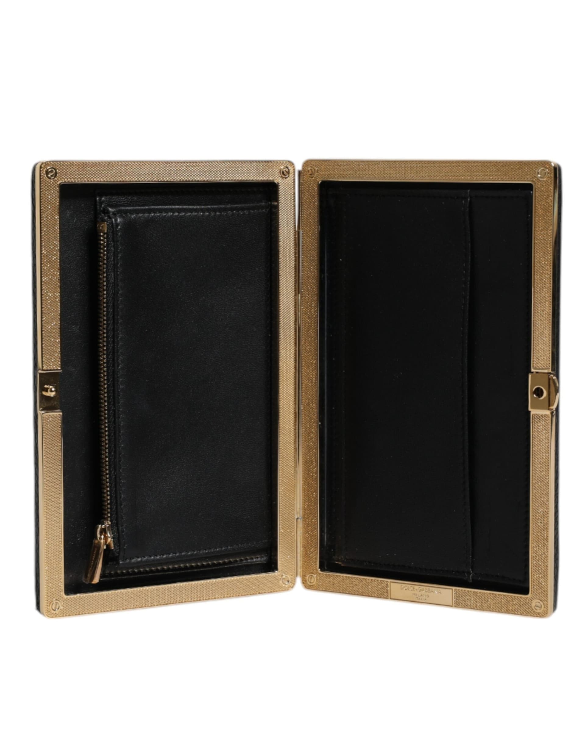 Black Leather Gold Frame Clutch Evening Party Purse Bag - 6