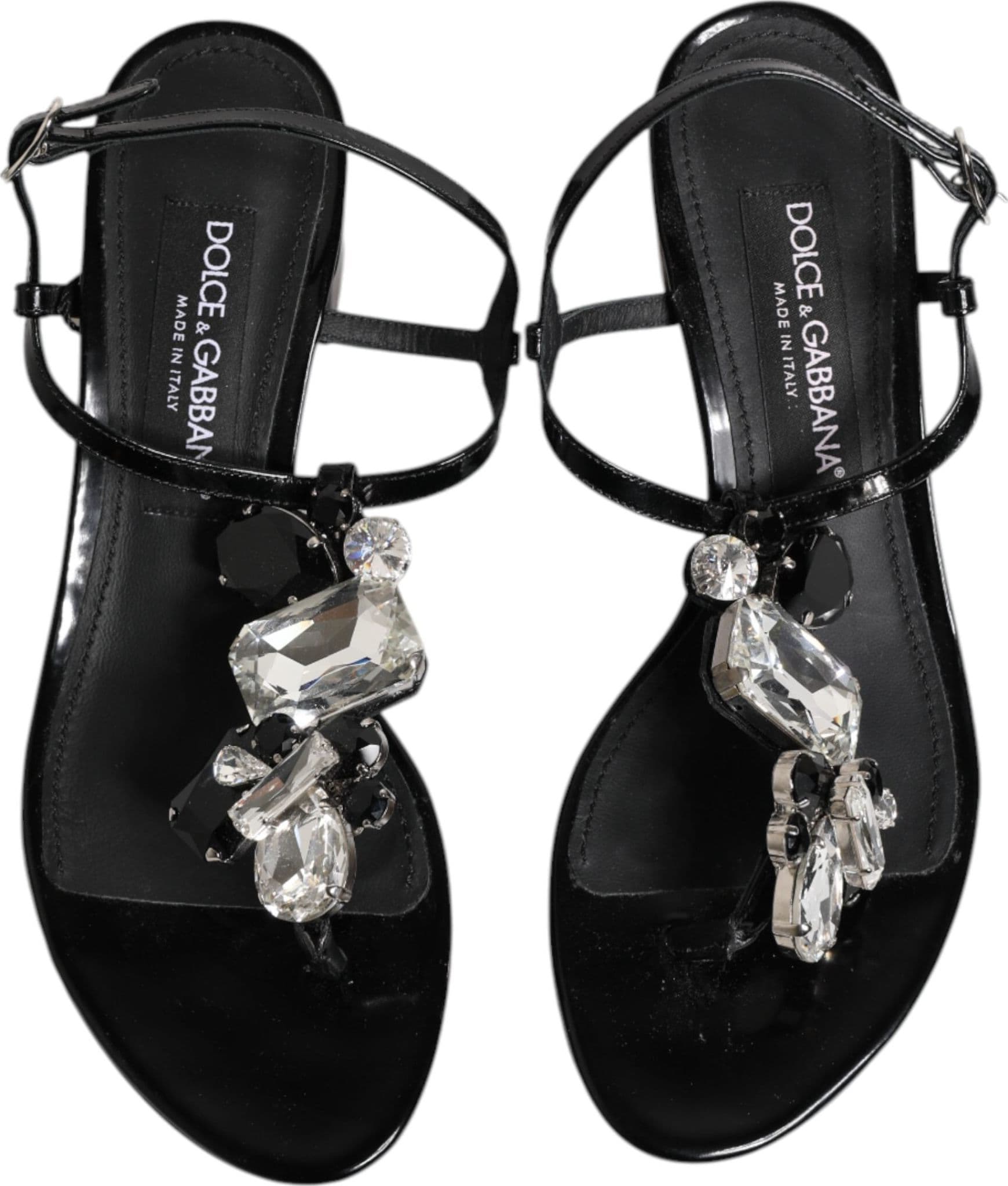 Black Leather Crystal Ankle Strap Sandals Shoes - 2