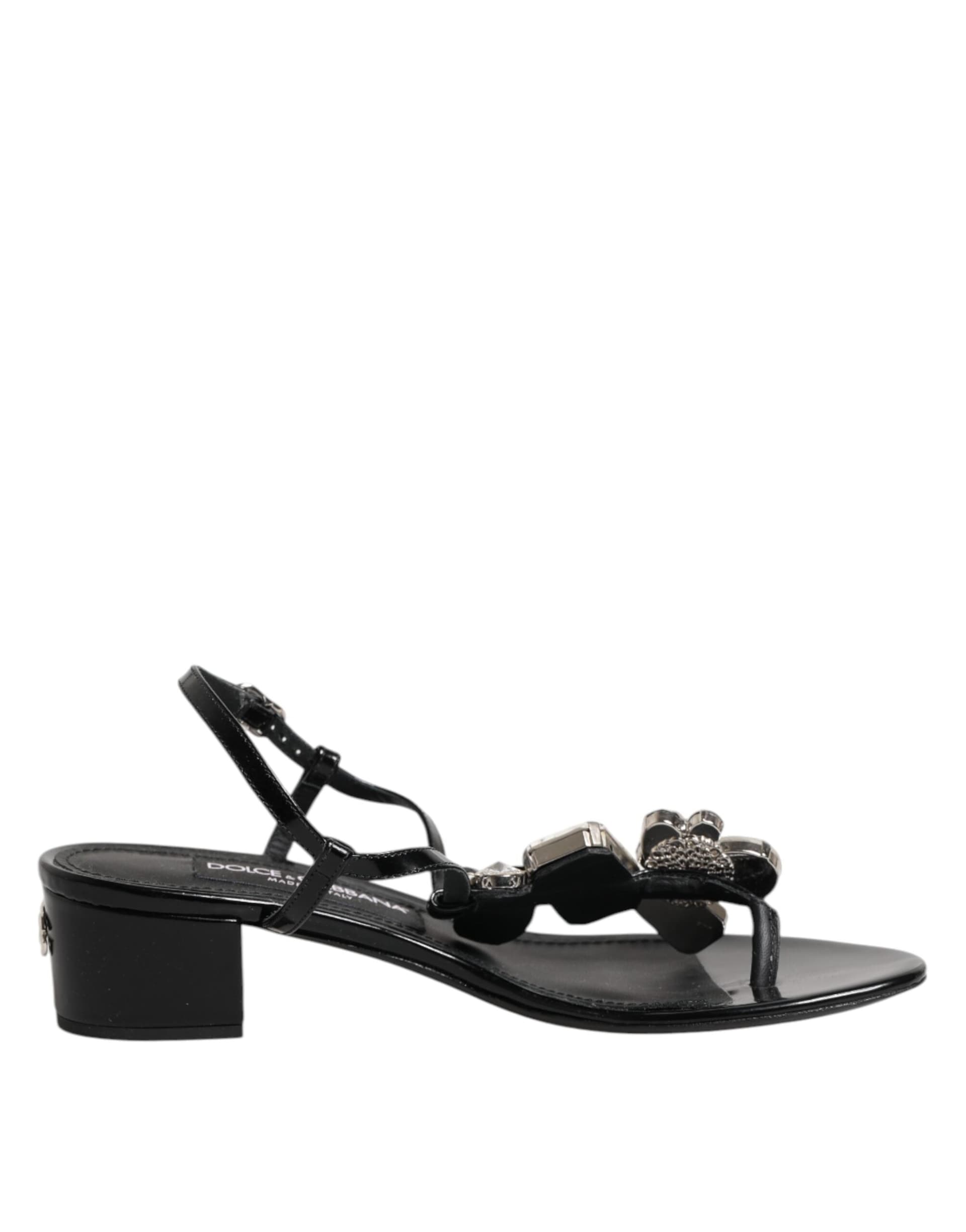 Black Leather Crystal Ankle Strap Sandals Shoes - 6