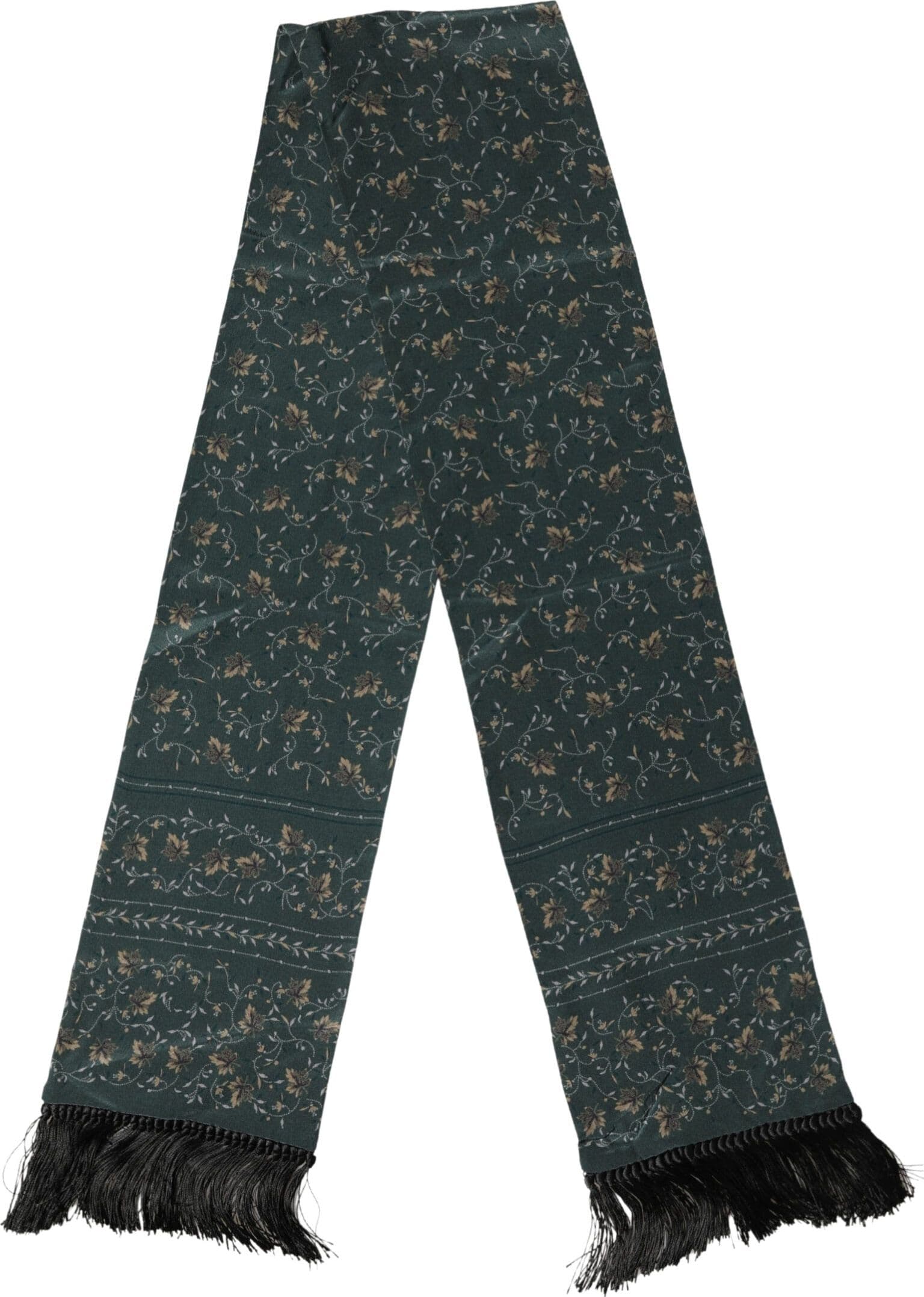 Green Silk Floral Pattern Fringed 135cm X 16cm  Scarf - 2
