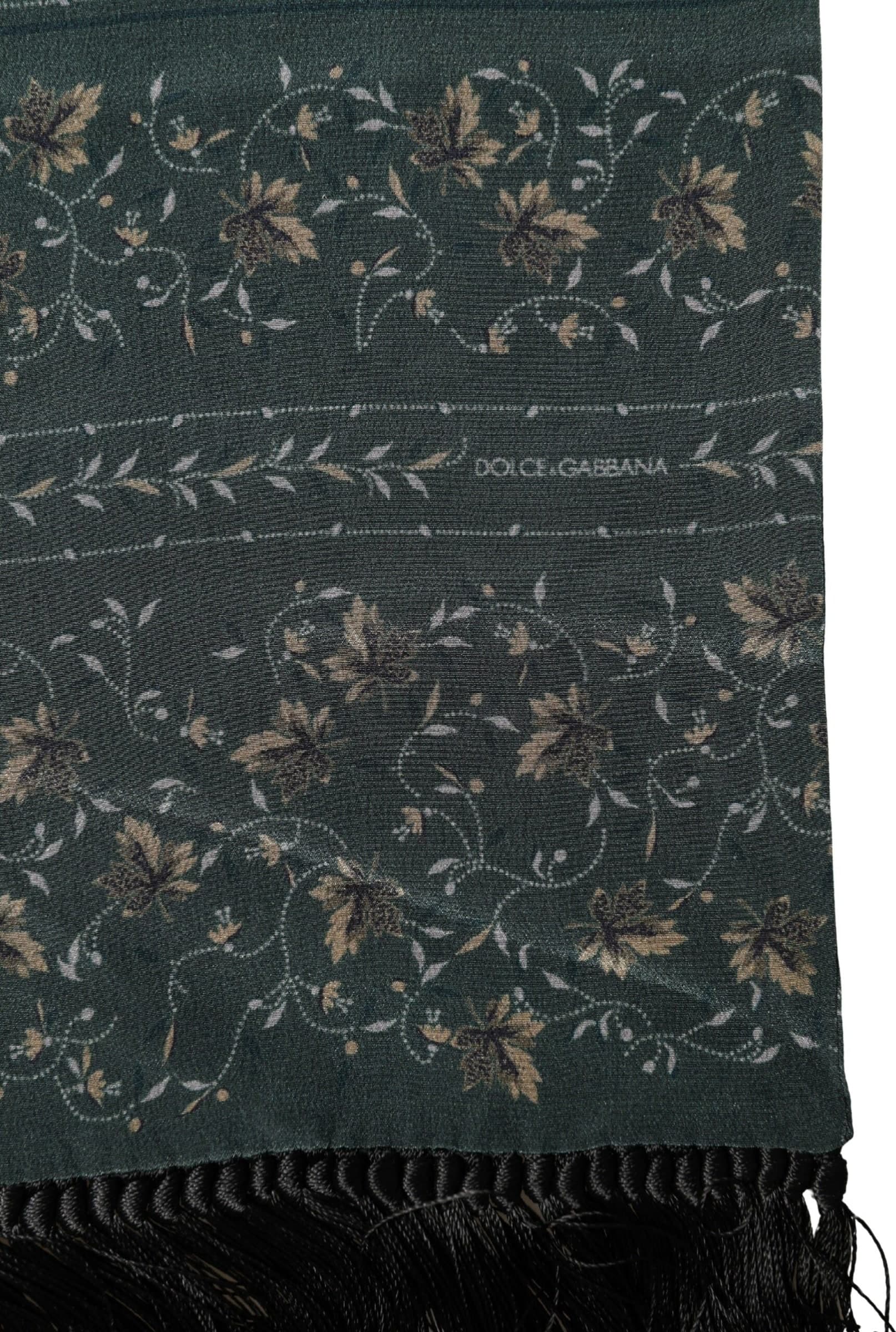 Green Silk Floral Pattern Fringed 135cm X 16cm  Scarf - 3