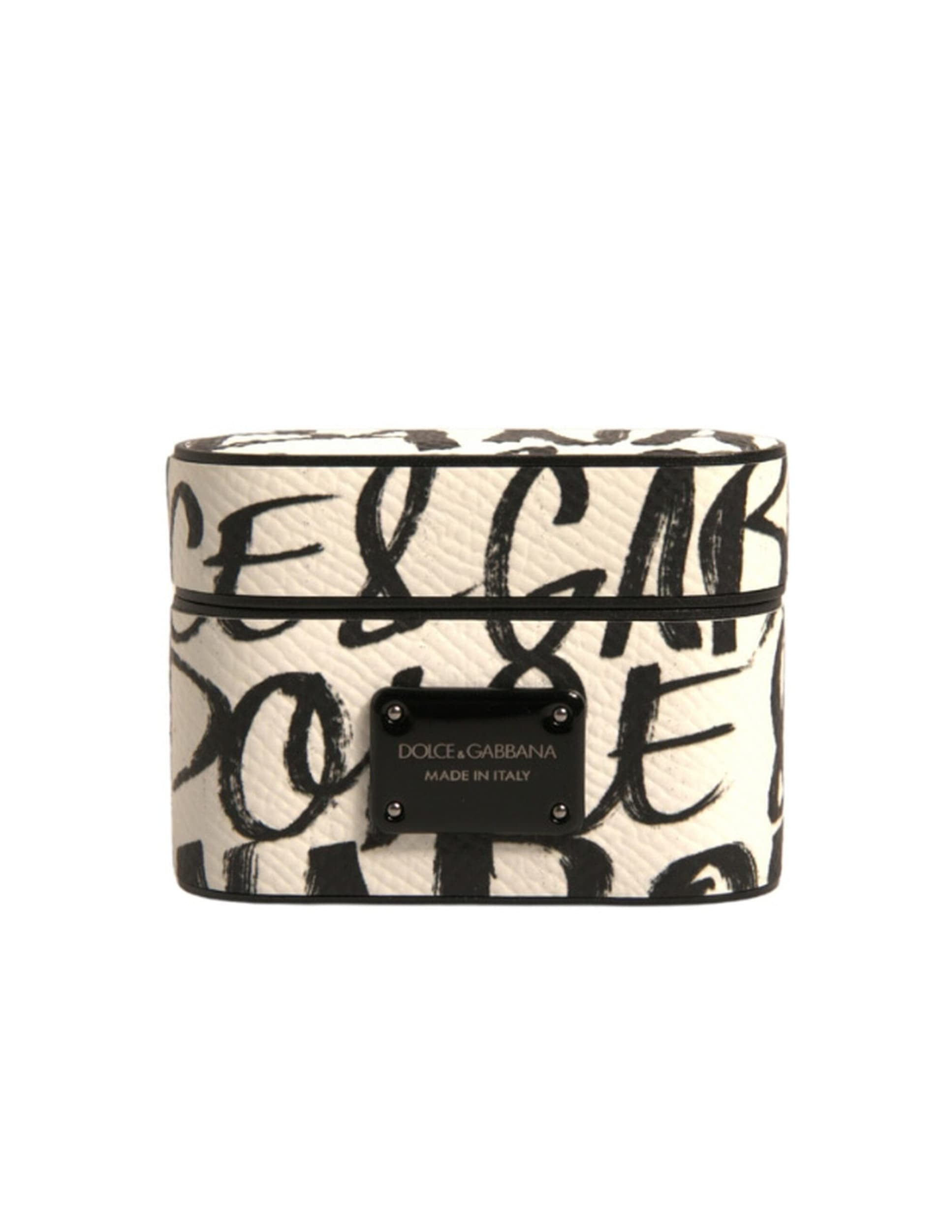 Black White Leather Scribble Embossed Logo Airpods Case - 2