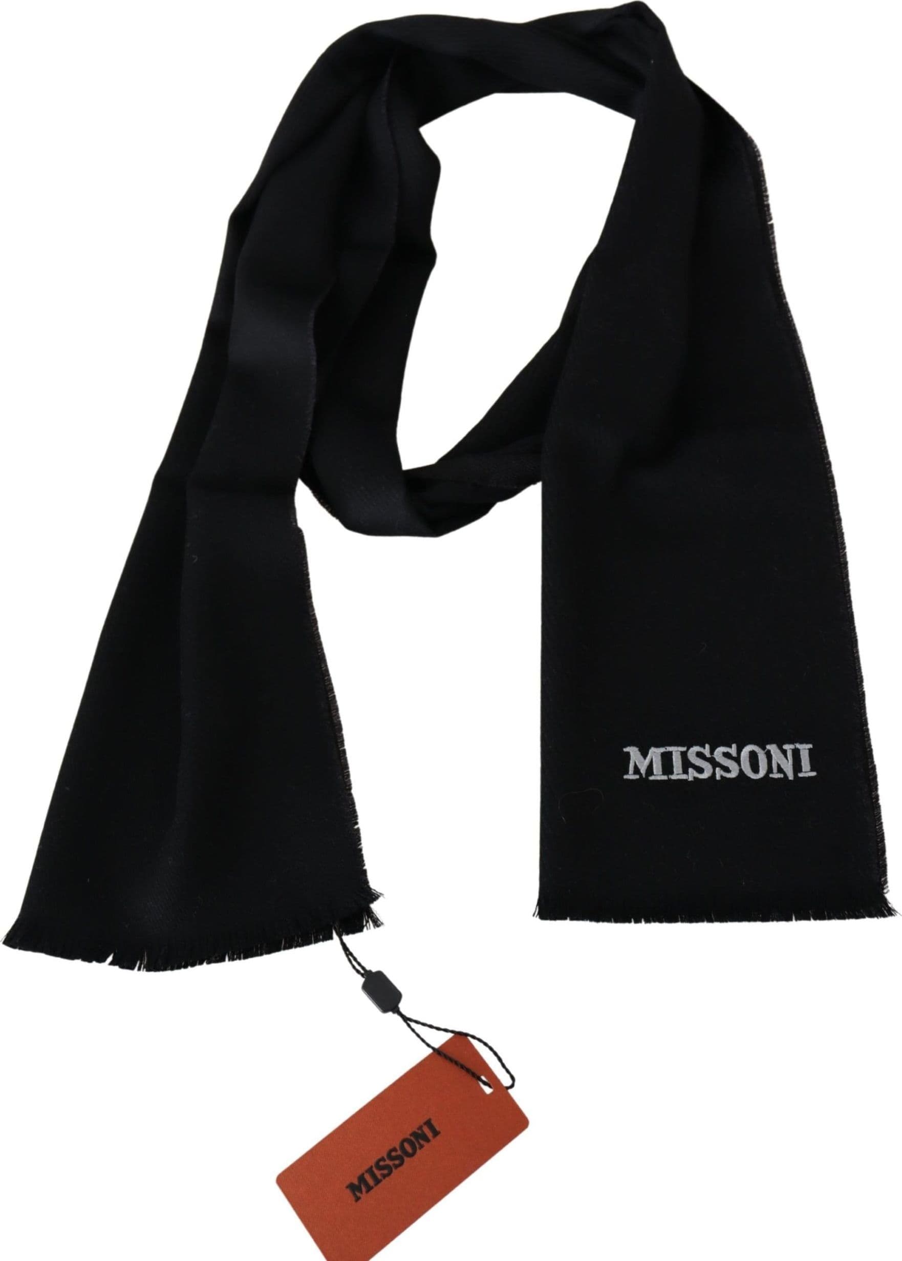 Black 100% Wool Unisex Neck Wrap Fringes Logo Scarf - 2