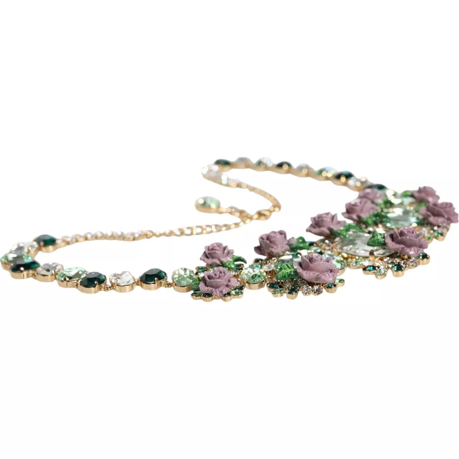 Gold Brass Link Chain Rose Petal Crystal Necklace - 2