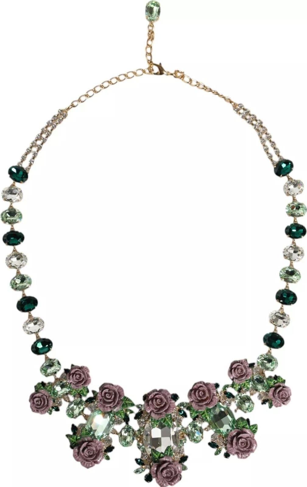 Gold Brass Link Chain Rose Petal Crystal Necklace - 8