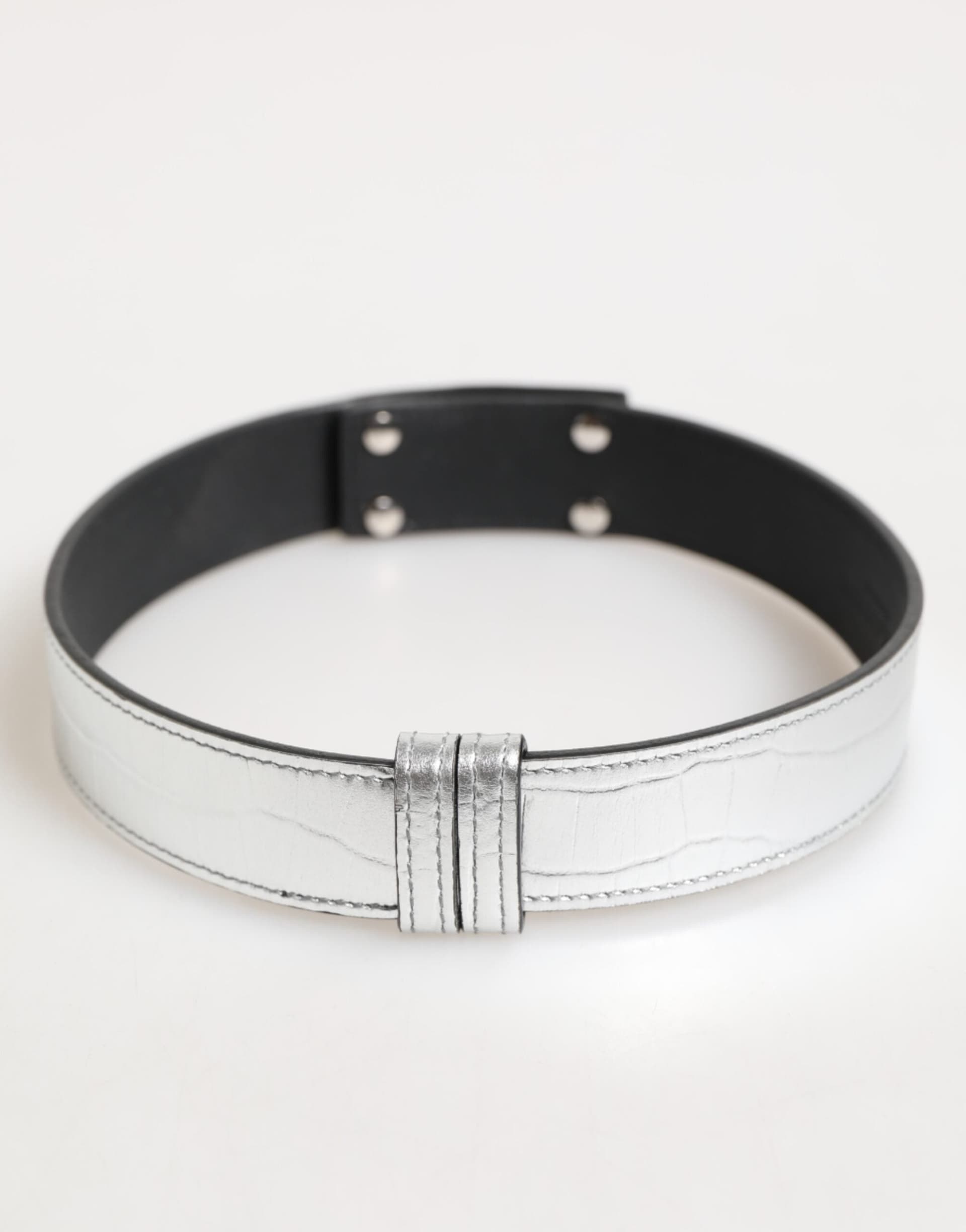 Silver Textured Leather Gold Tone Metal Neckband - 4