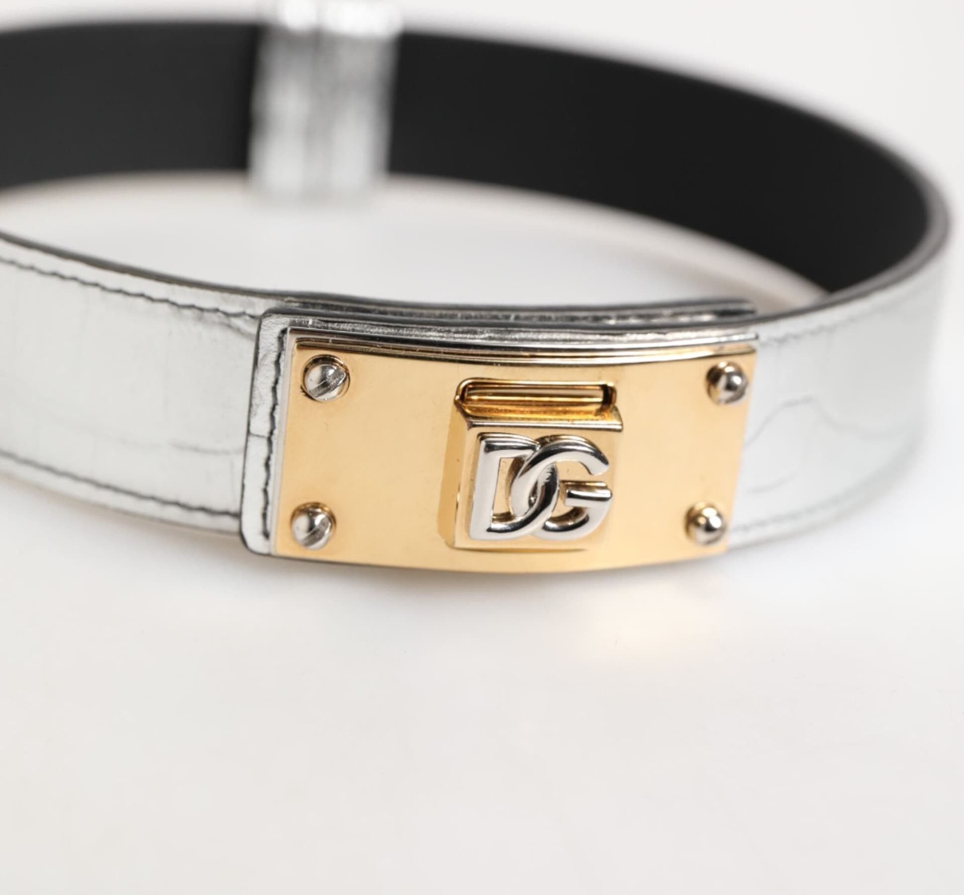 Silver Textured Leather Gold Tone Metal Neckband - 5